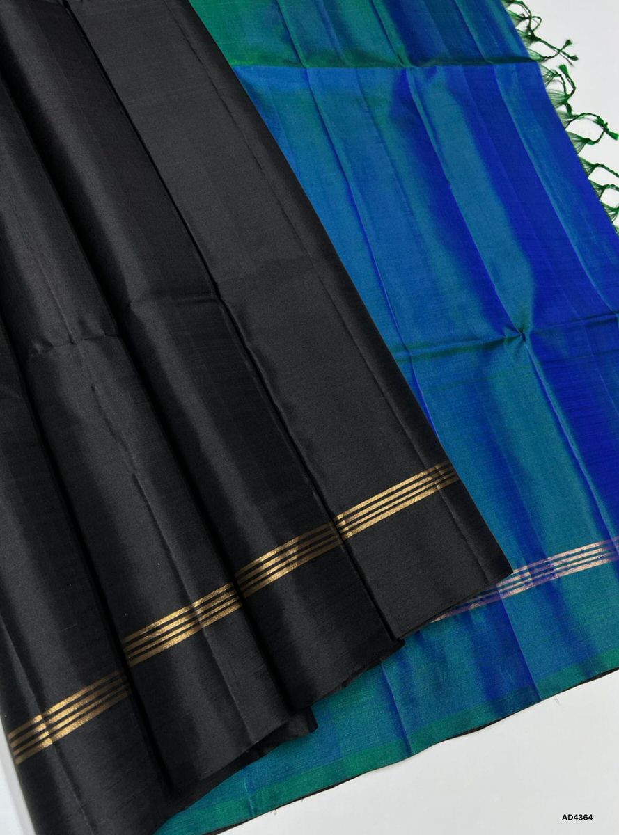 Peacock Blue & Black - Plain Soft Silk Saree