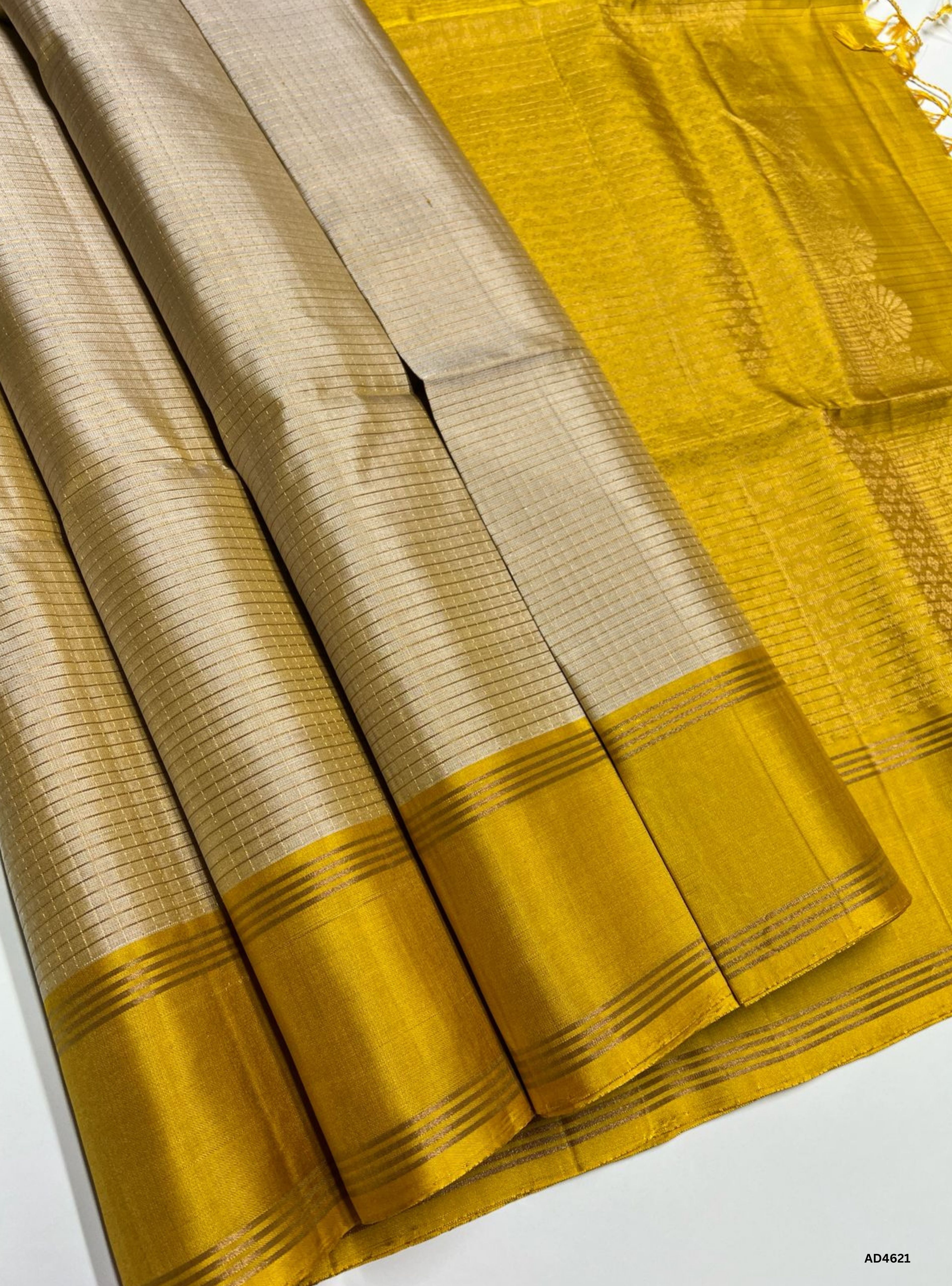 Ivory & Yellow - Checkerd Soft Silk Saree