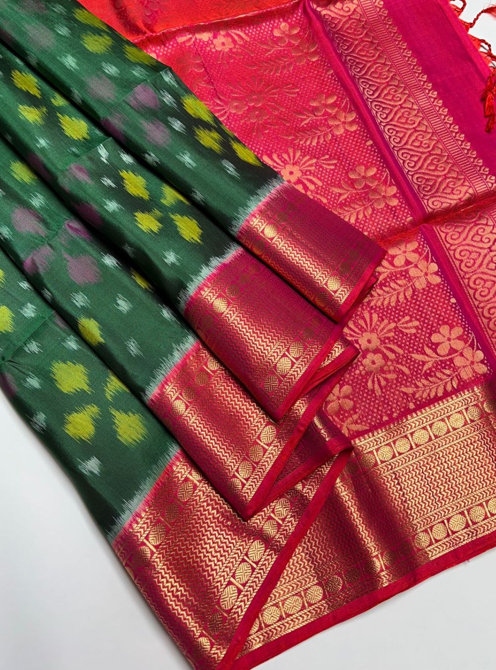 Bottle Green & Orangish Pink - Soft Silk Saree