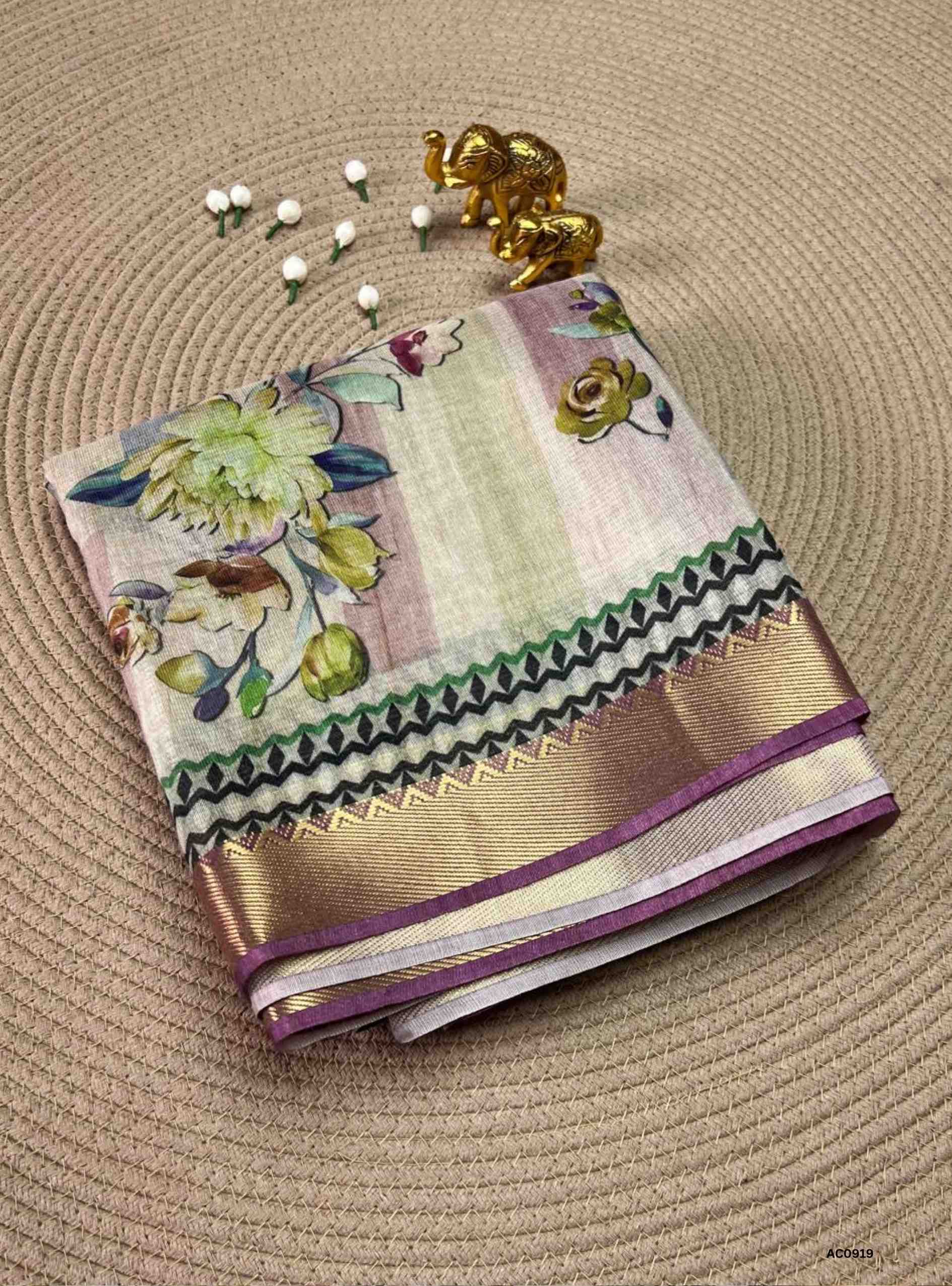 Half White & Purple - Semi Tusser Saree