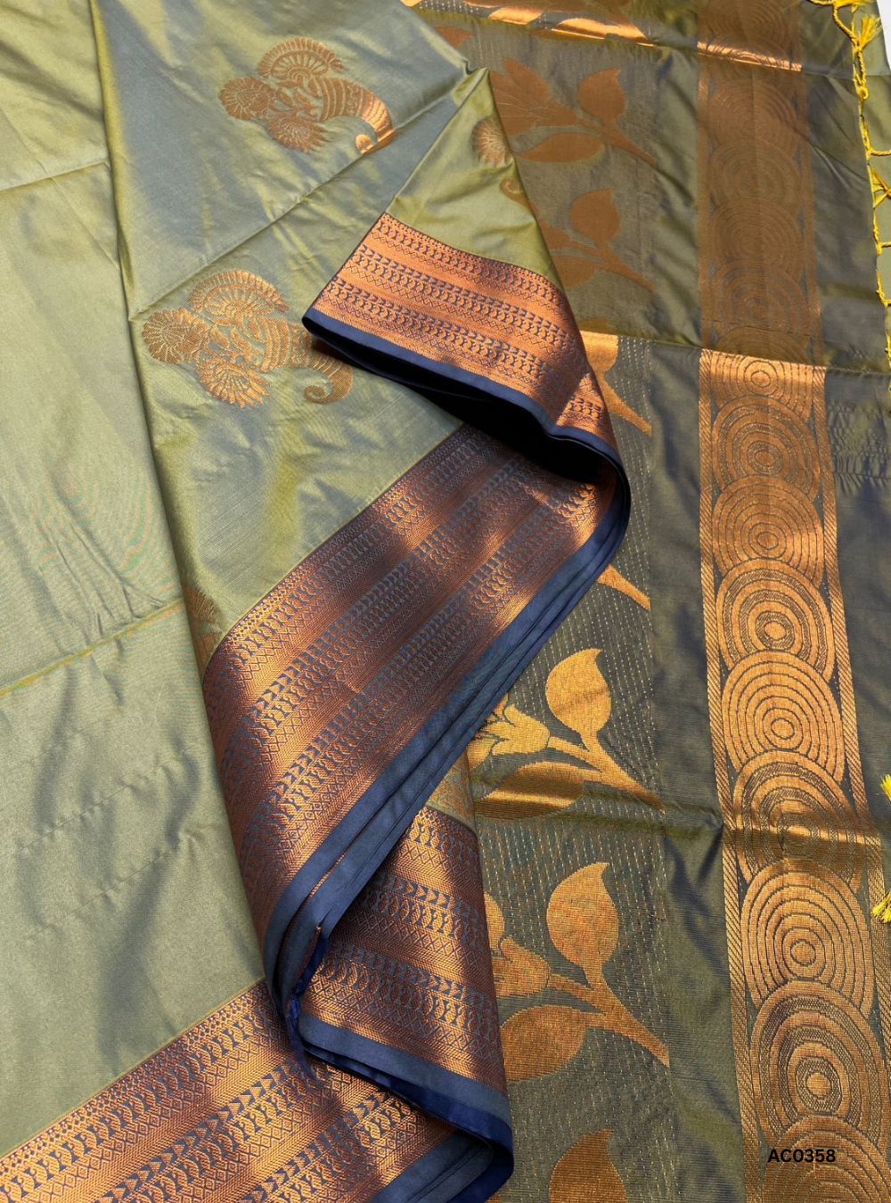 DUAL TONE GREEN & YELLOW CROSS BLUE - SEMI SILK SAREE