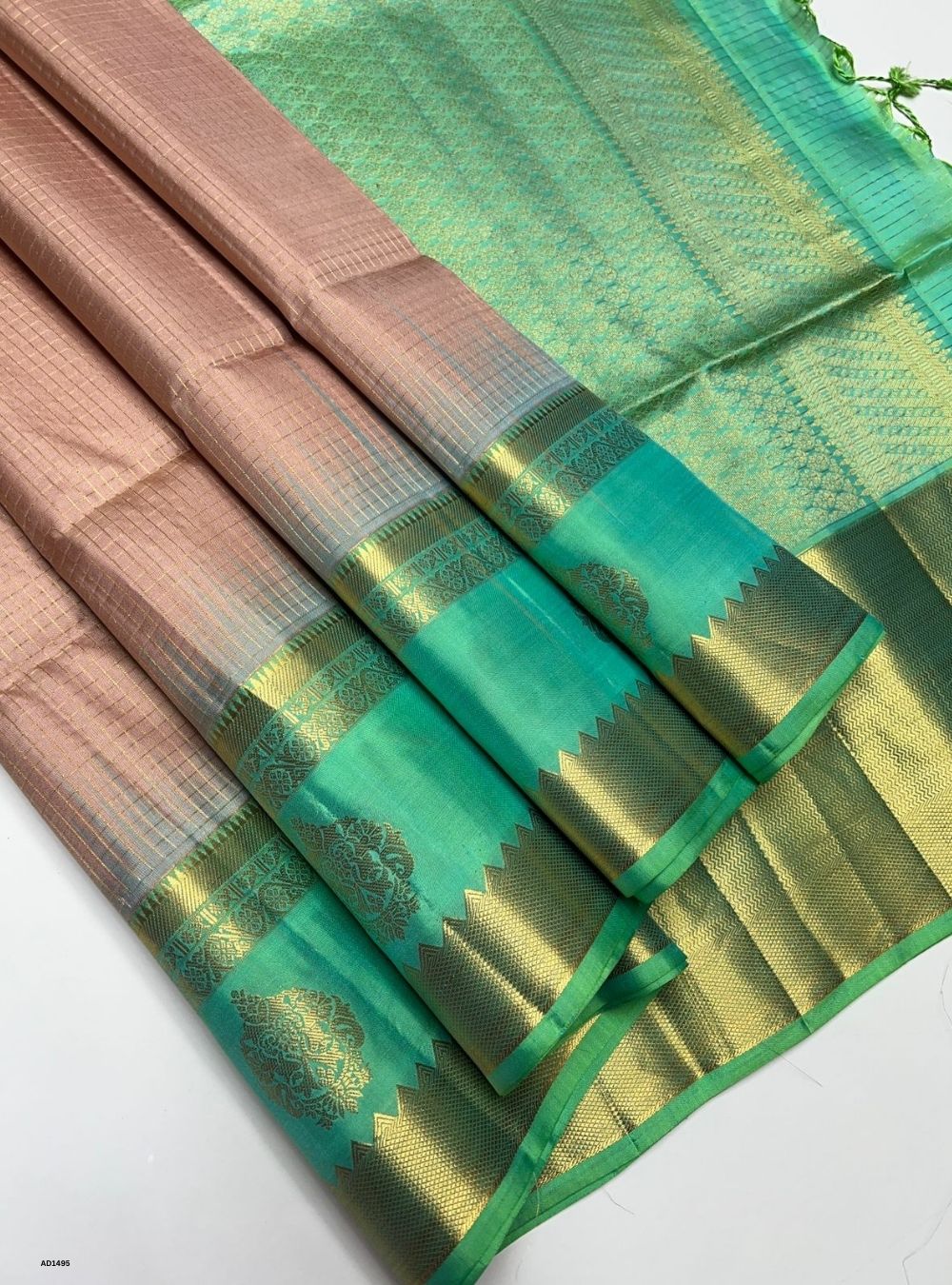 Cream & Sea Green -  Soft Silk Saree