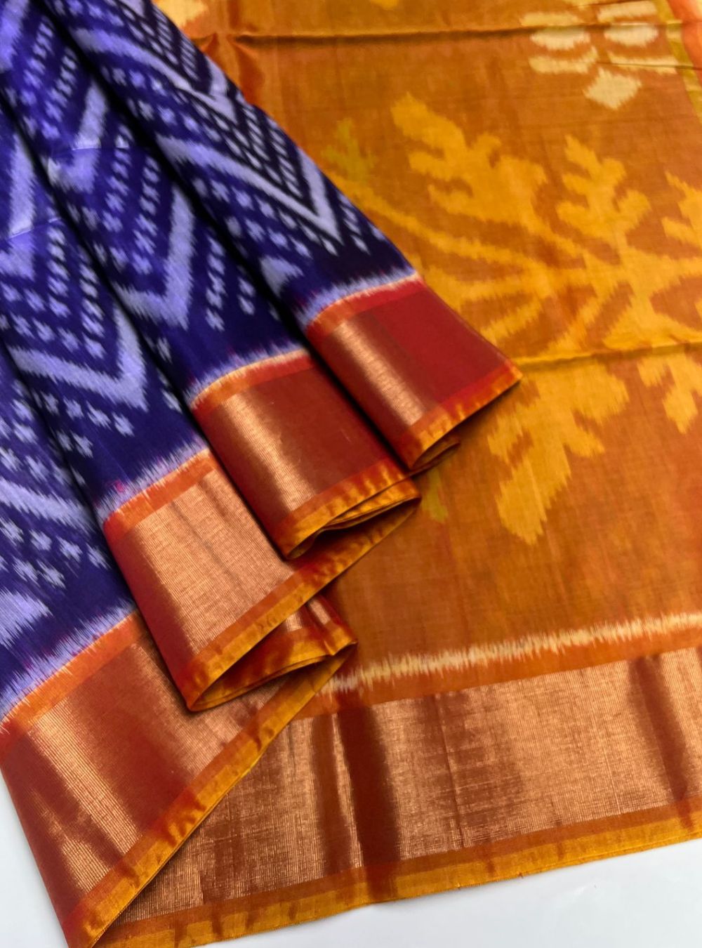 Royal Blue & Mustard Yellow - Kora Cotton Saree