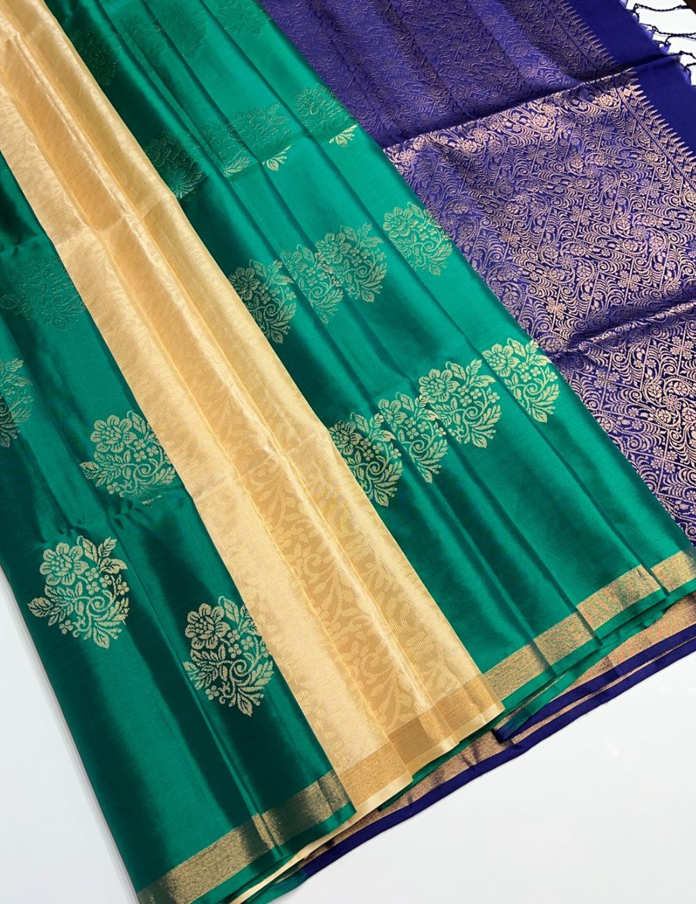 Green & Royal Blue  - Soft Silk Saree