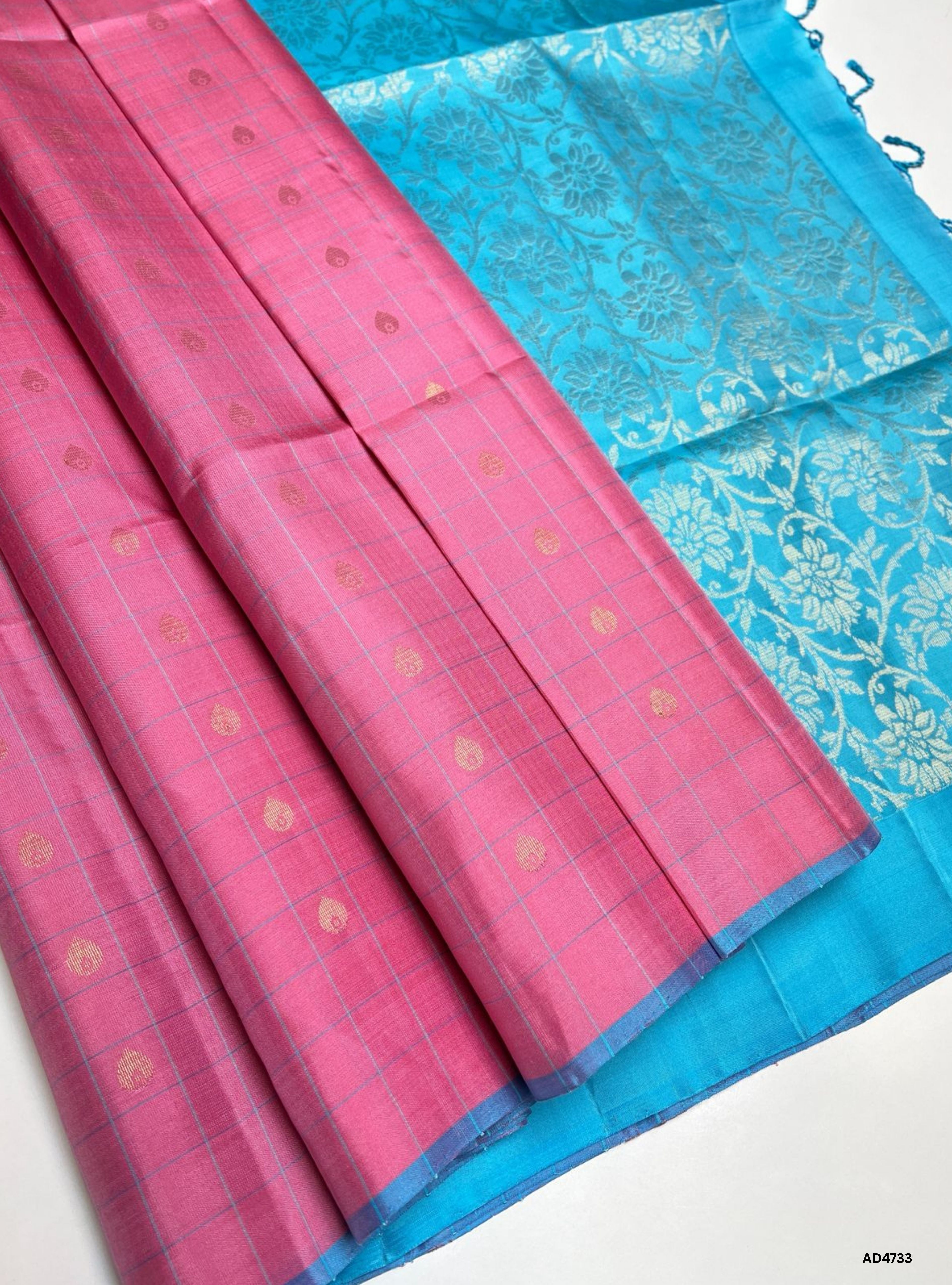 Pink & Sky Blue - Checkerd Soft Silk Saree