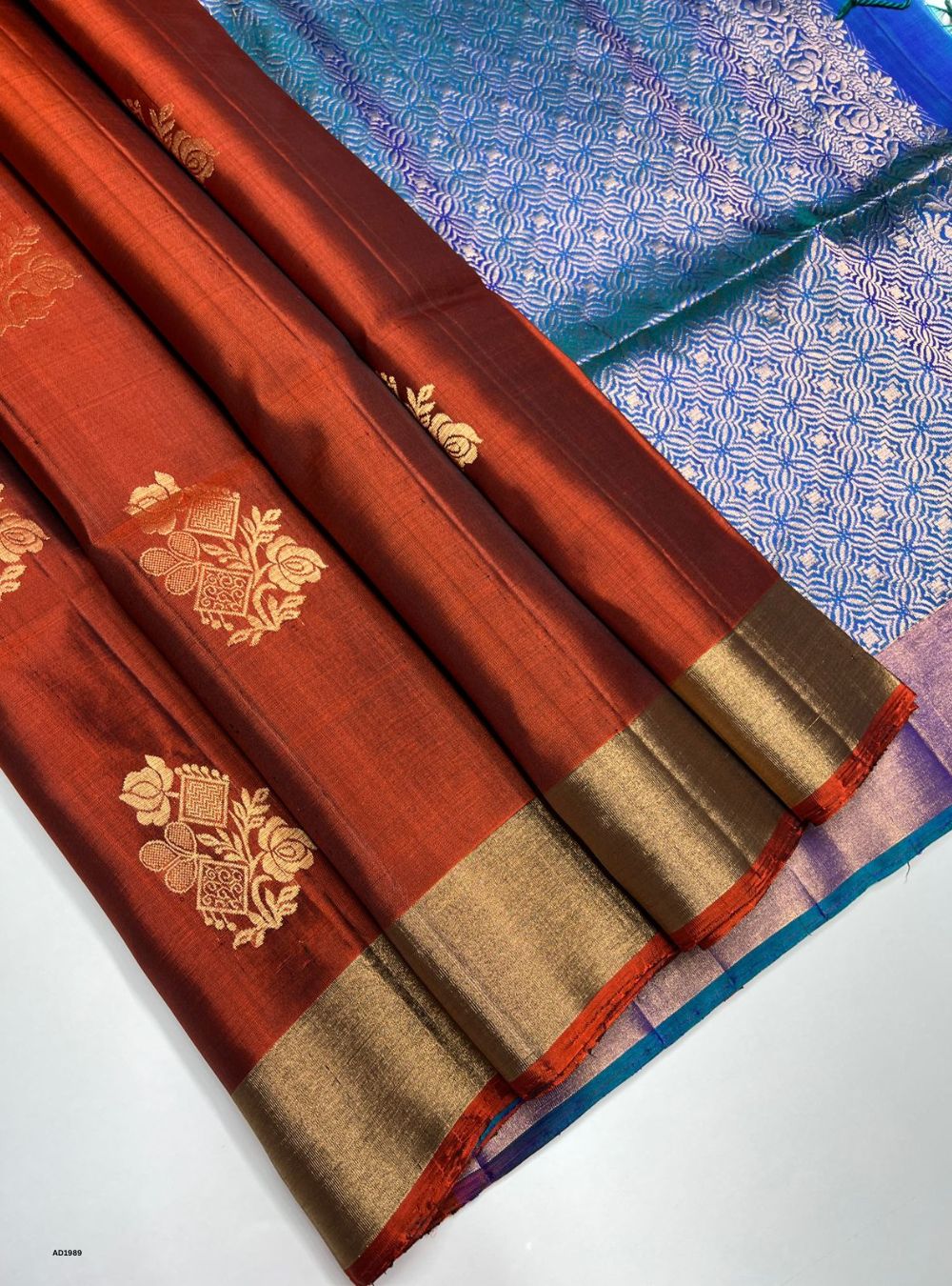 Brick Red & Peacock Blue - Soft Silk Saree