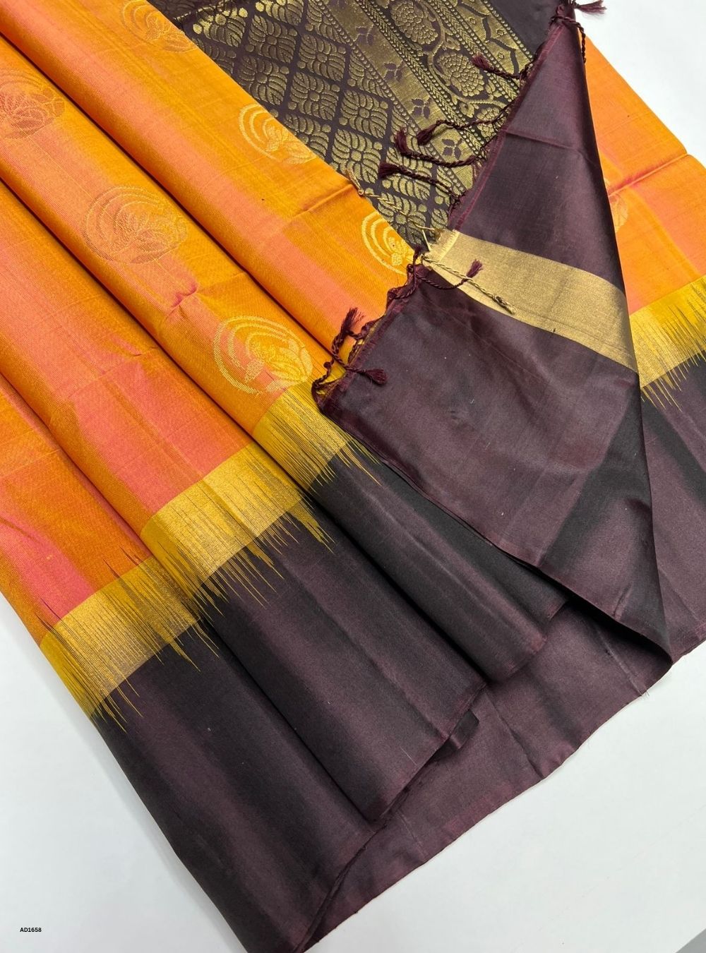 Yellowish Pink & Coffee Brown -  Soft Silk Saree