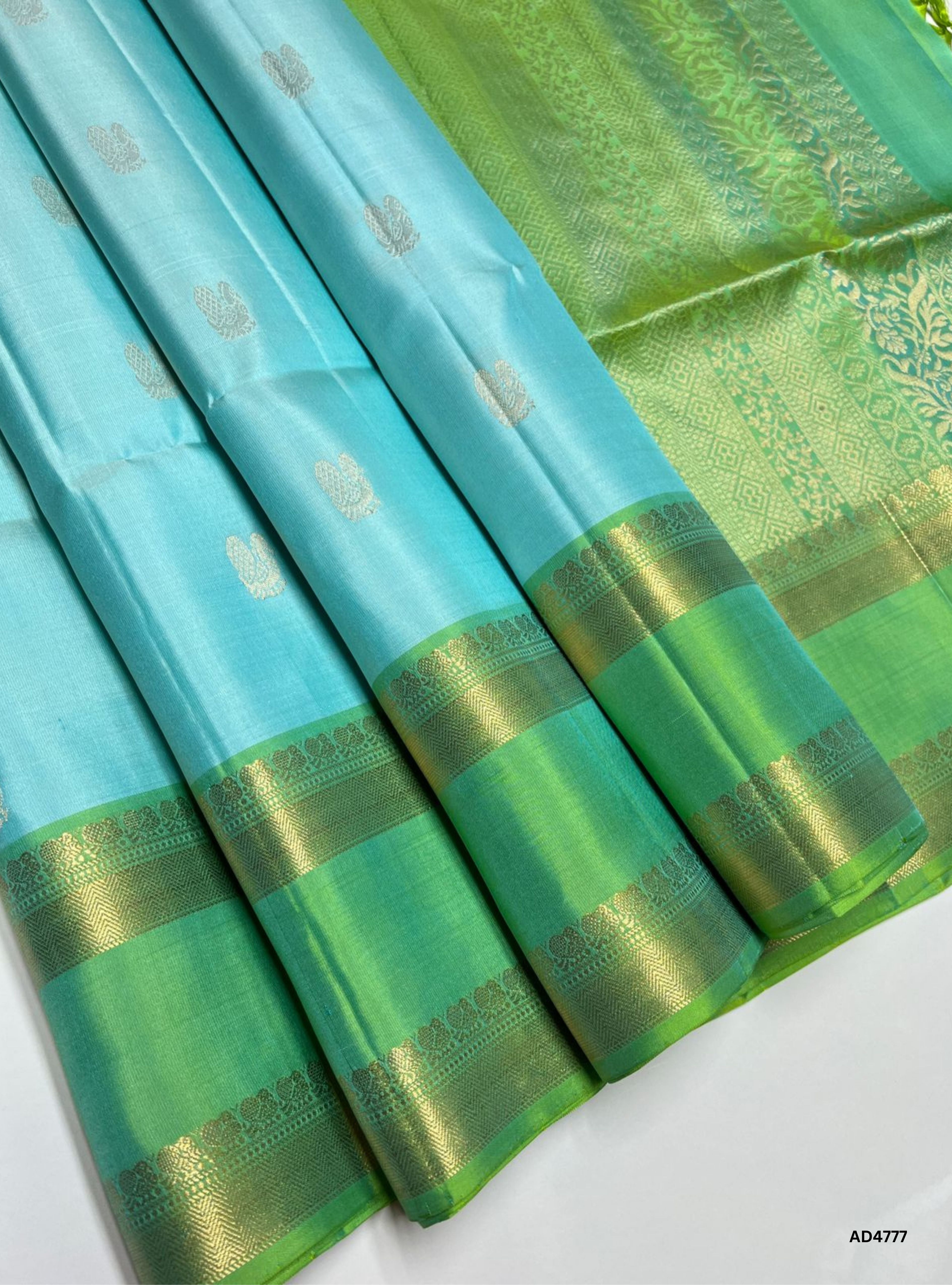 Ice Blue & Green - Retta Pet Border Soft Silk Saree