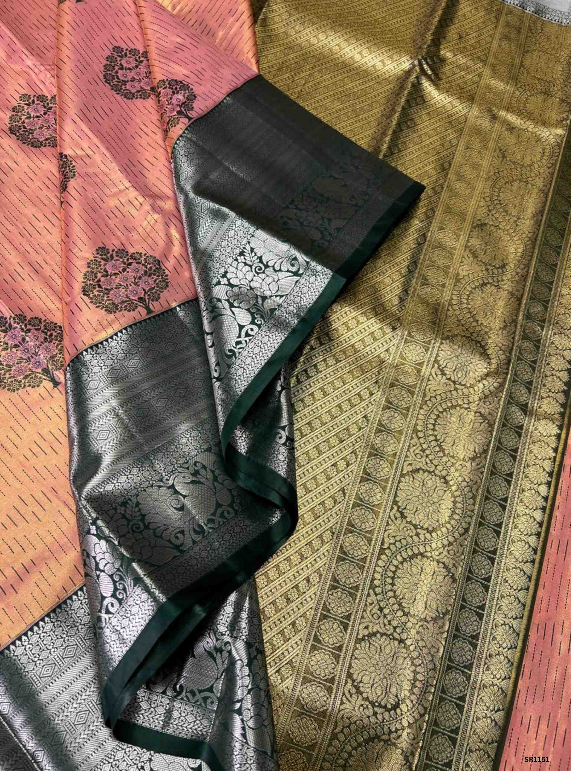 Peach & Green - Semi Silk Saree