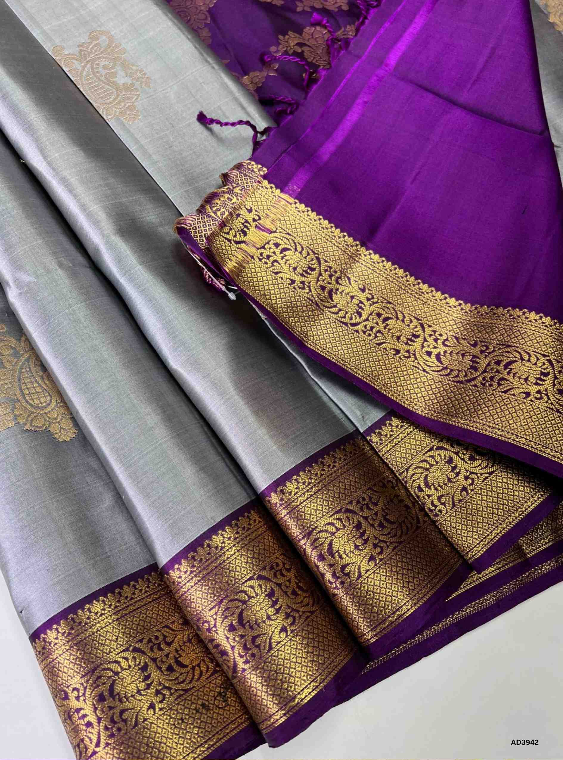 Grey & Purple - Kanchi Border Soft Silk Saree