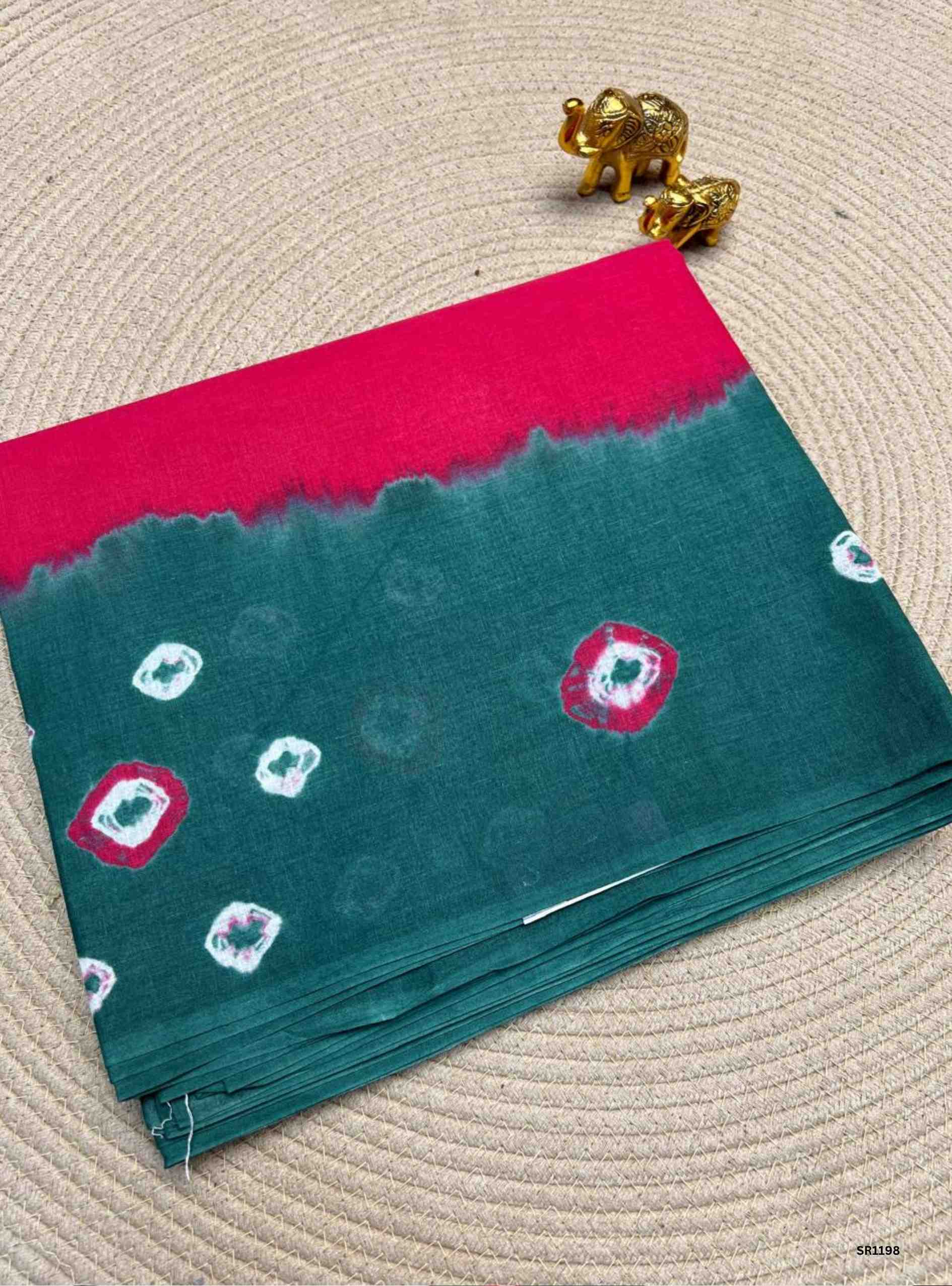 Pink & Emerald Green - Bandhini Cotton Saree