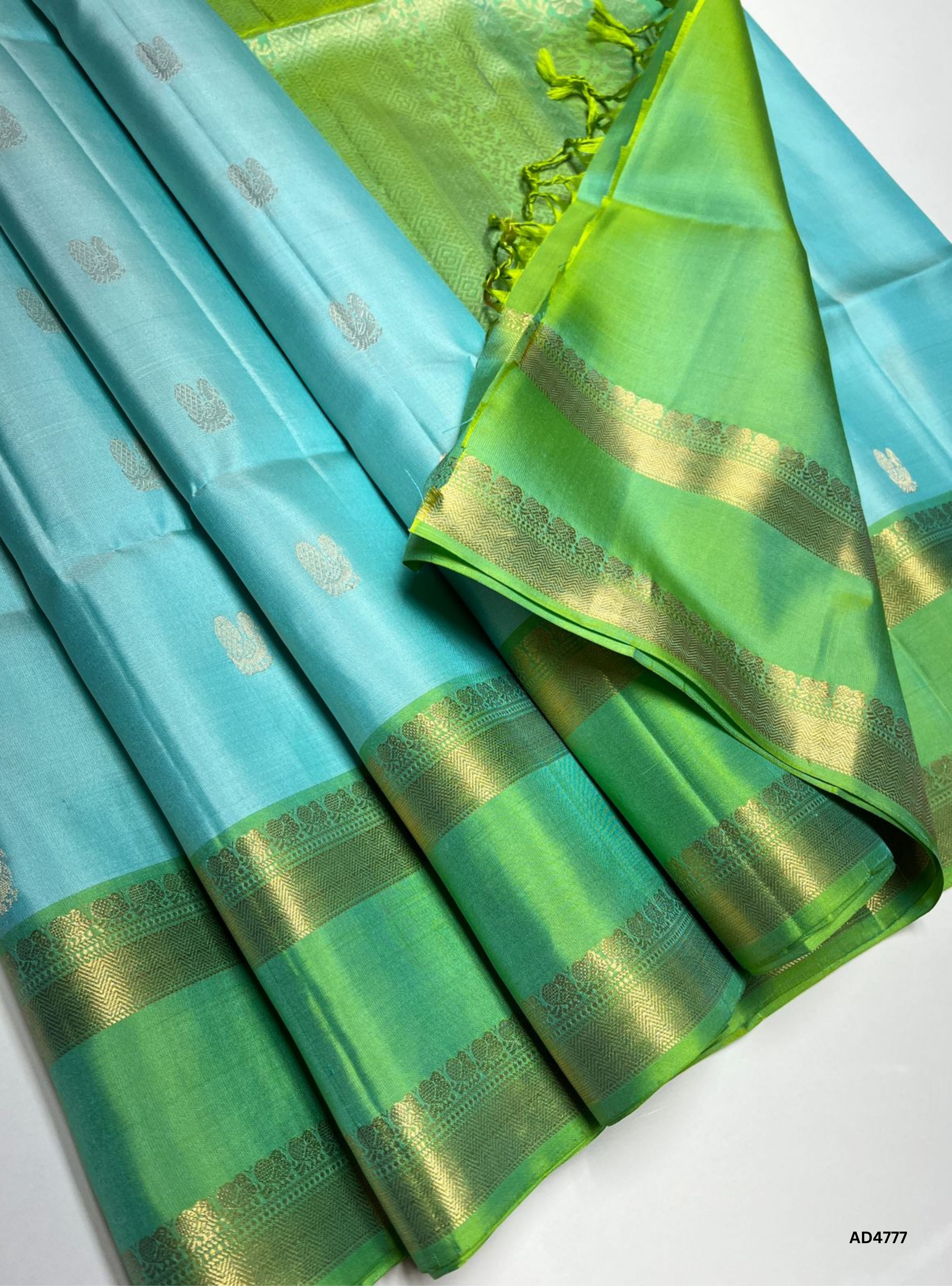 Ice Blue & Green - Retta Pet Border Soft Silk Saree