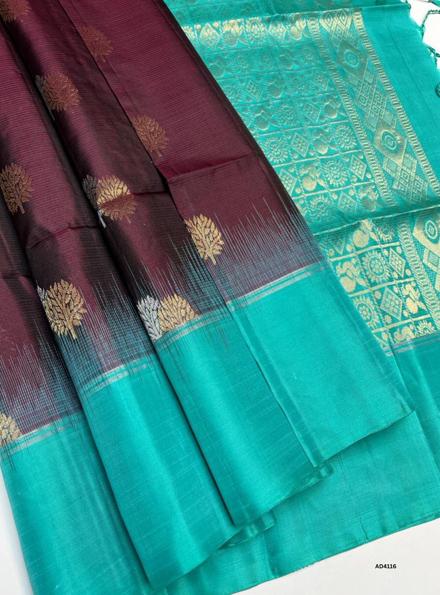 Burgundy & Rama Green - Fancy Border Soft Silk Saree