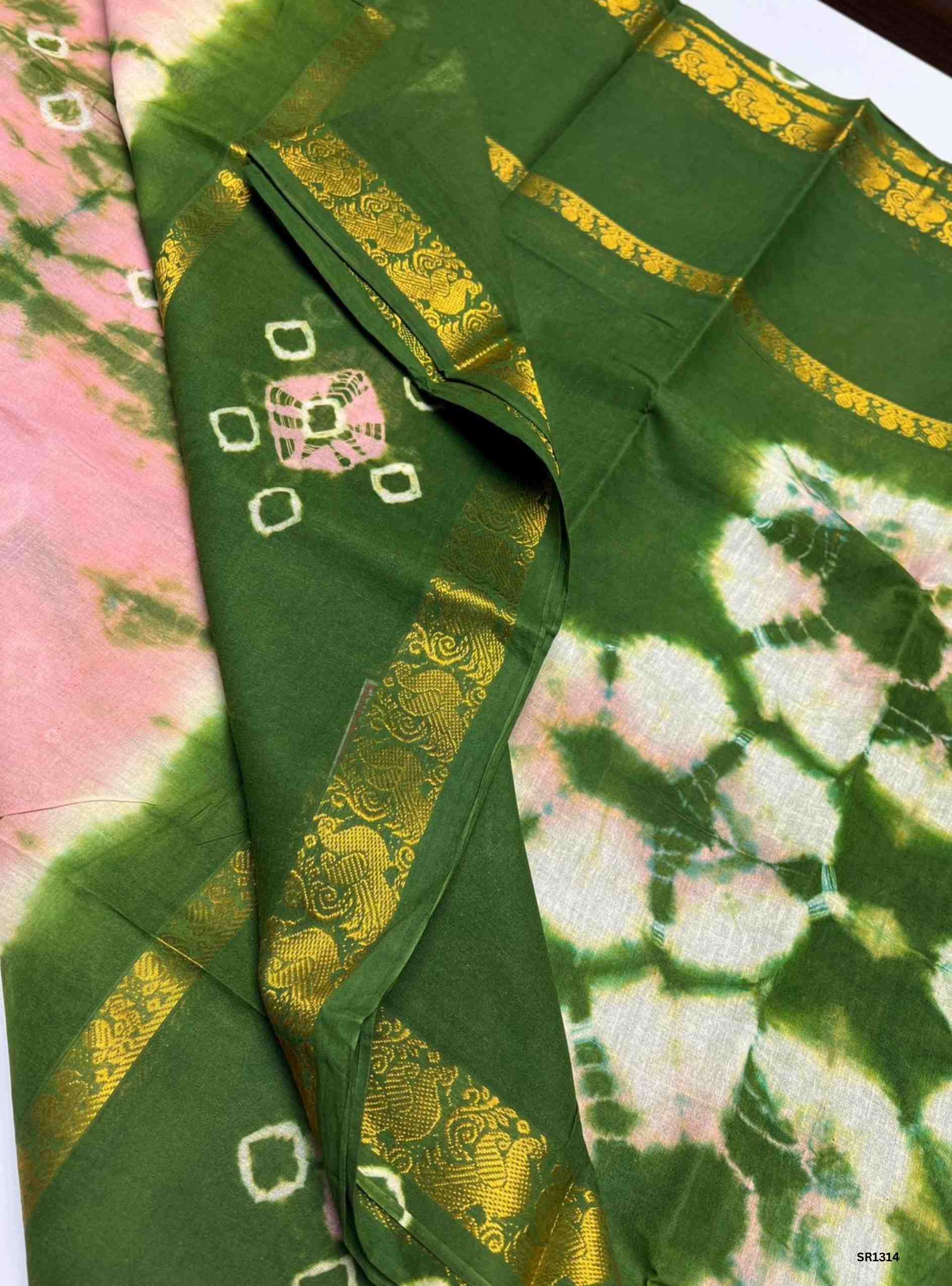Pink & Green - Bandhini Chungudi Cotton Saree