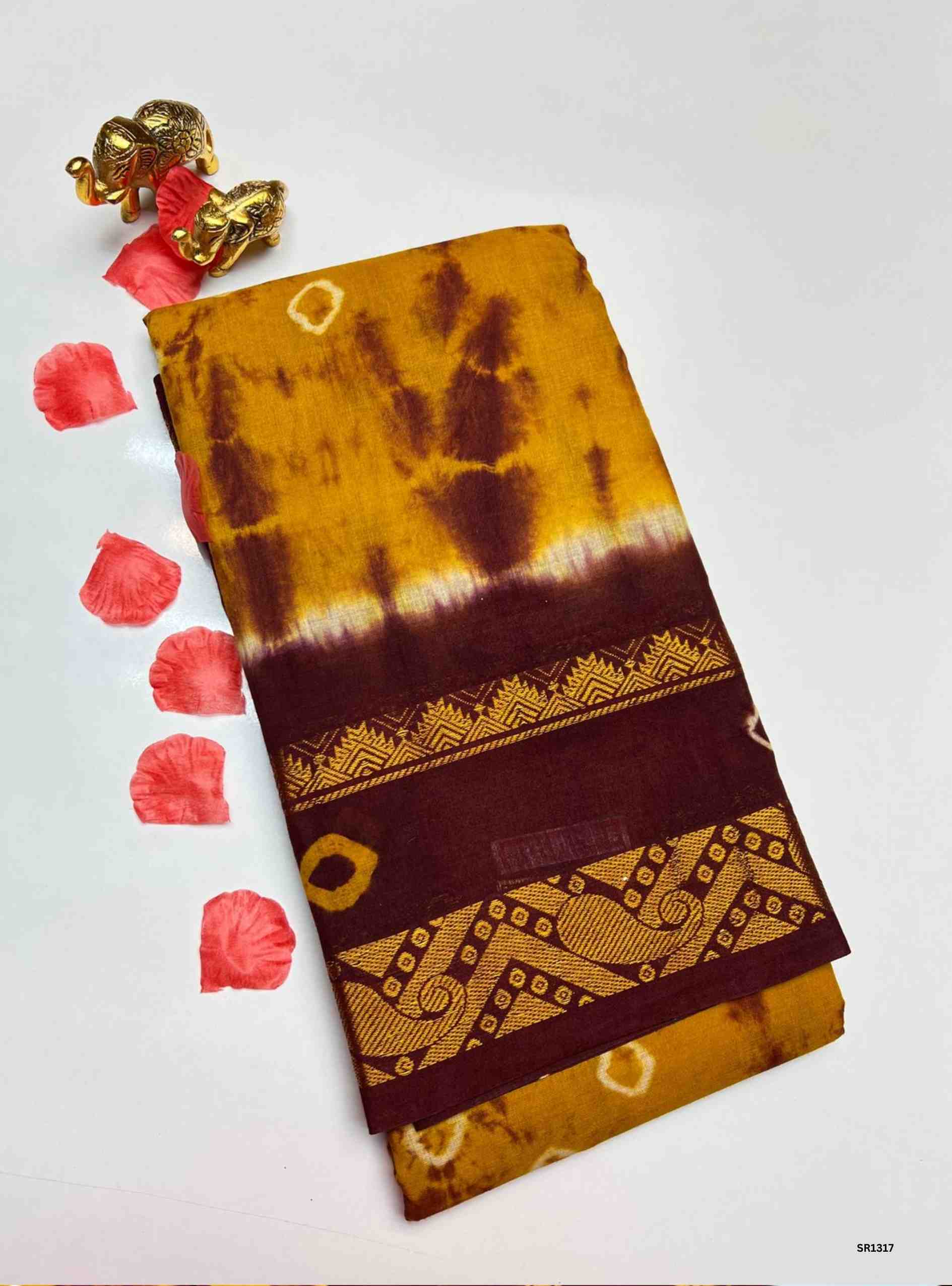 Mustard & Maroon - Bandhini Chungudi Cotton Saree