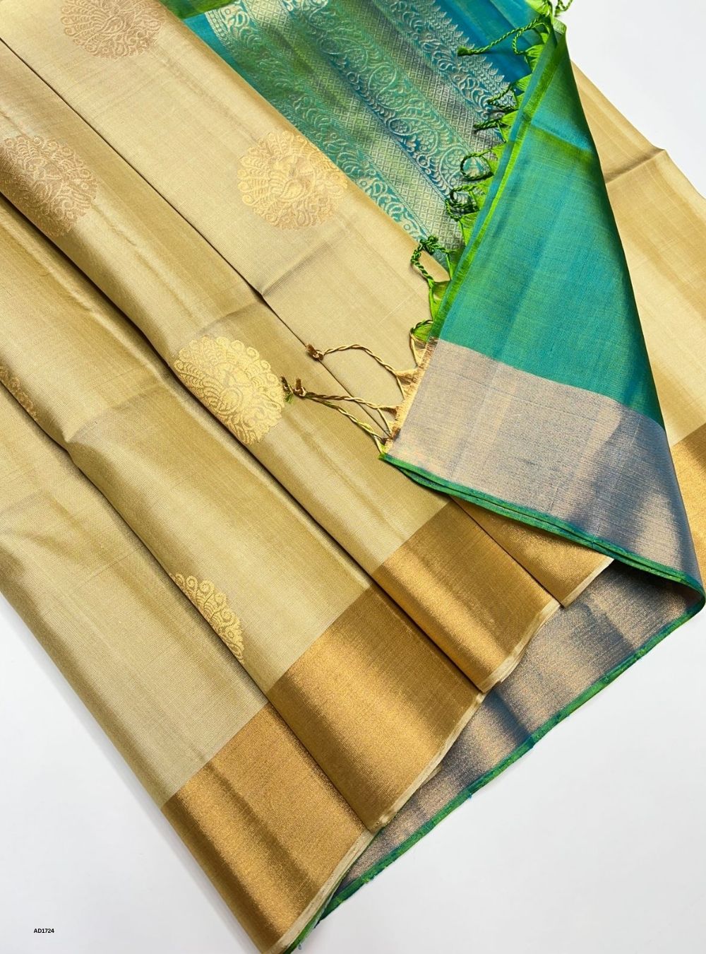 Beige & Dual Tone Green - Soft Silk Saree