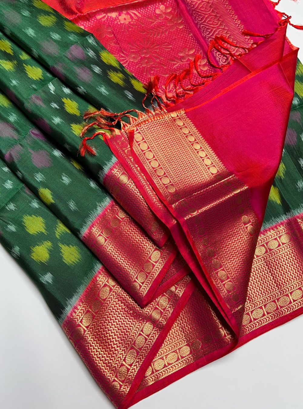 Bottle Green & Orangish Pink - Soft Silk Saree