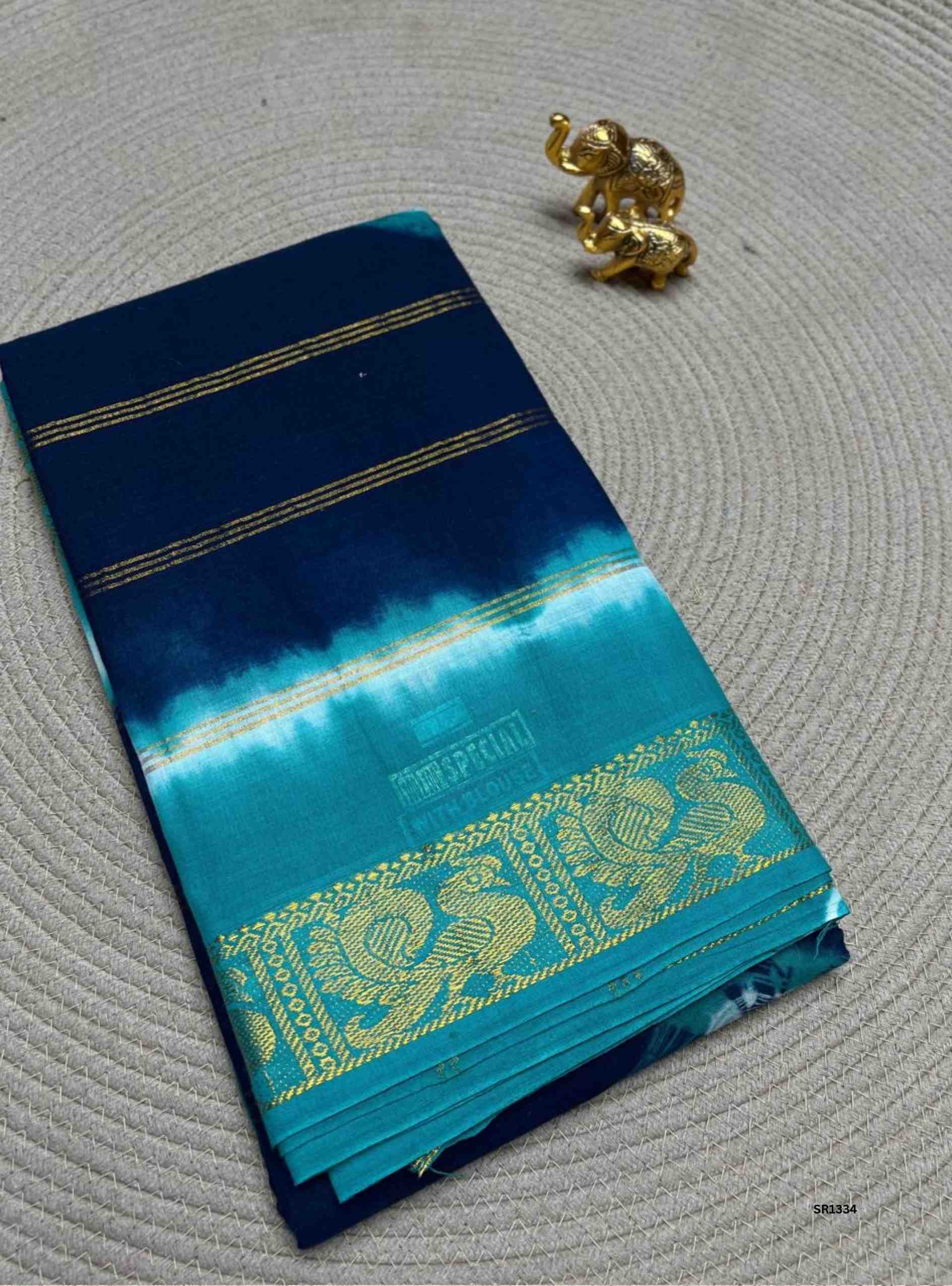 Navy Blue & Rama Green - Velthaari X Bandhini Cotton Saree