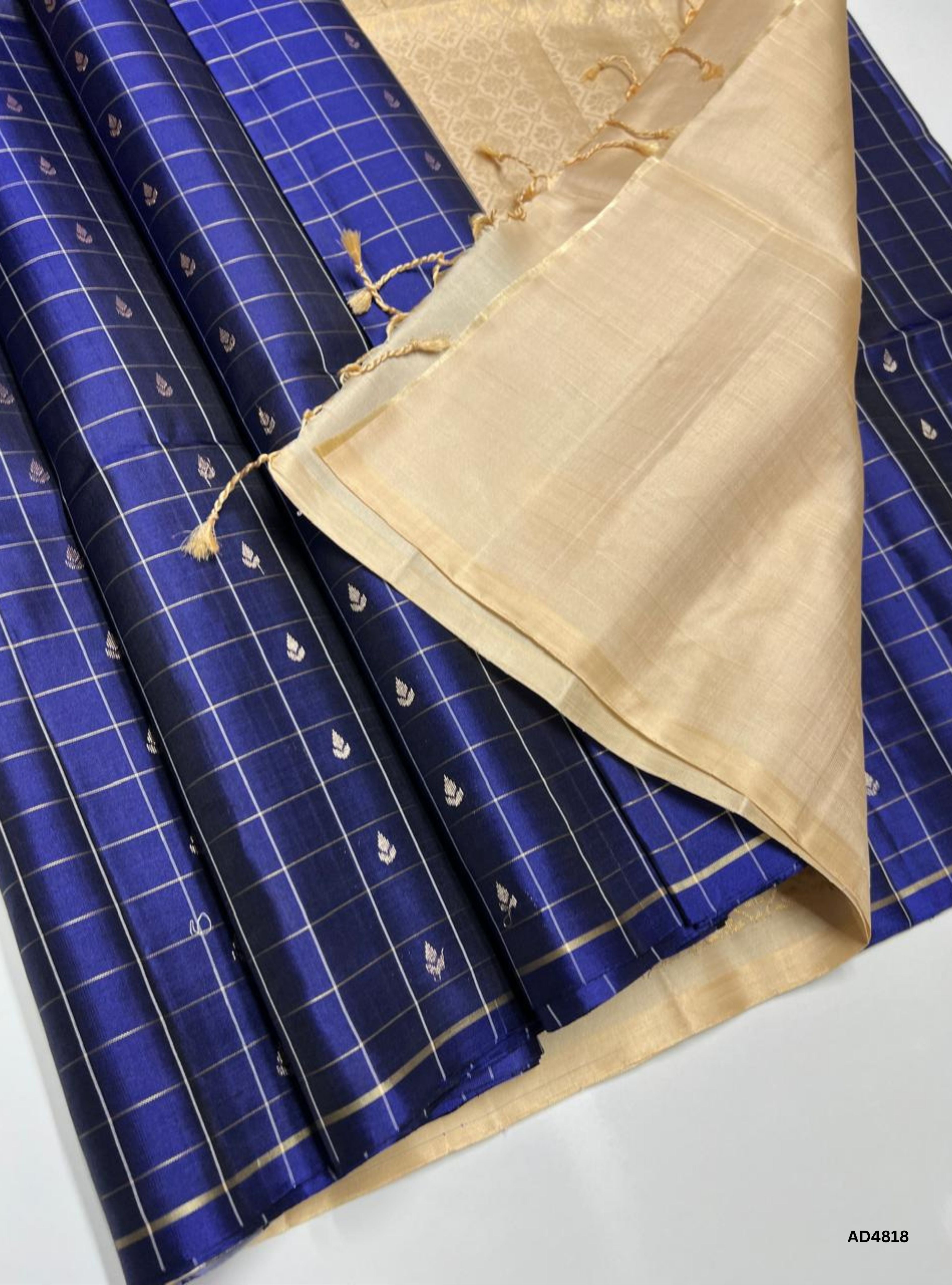Navy Blue & Half White  - Checkerd Soft Silk Saree