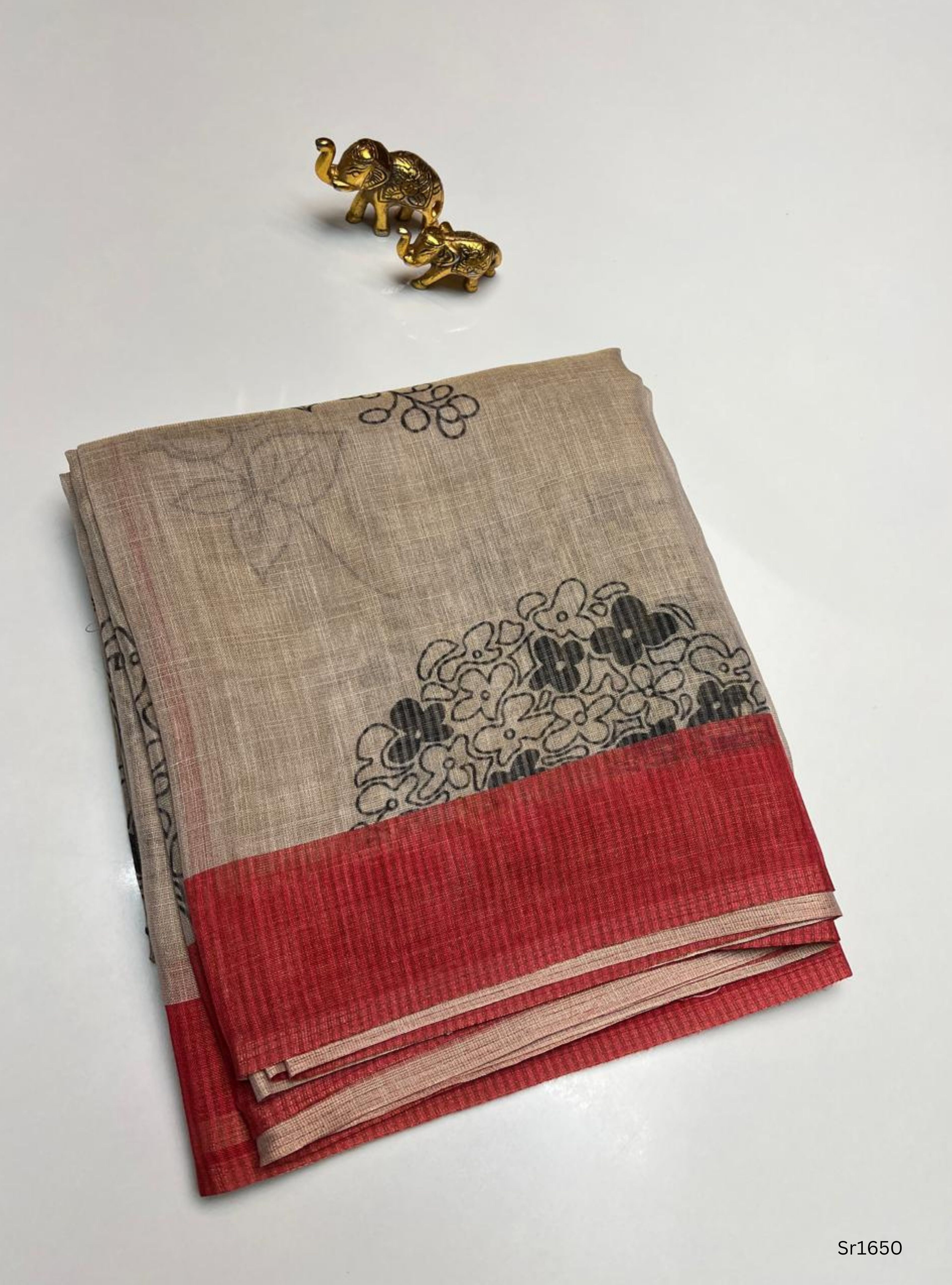 Cream & Red - Linen  Saree