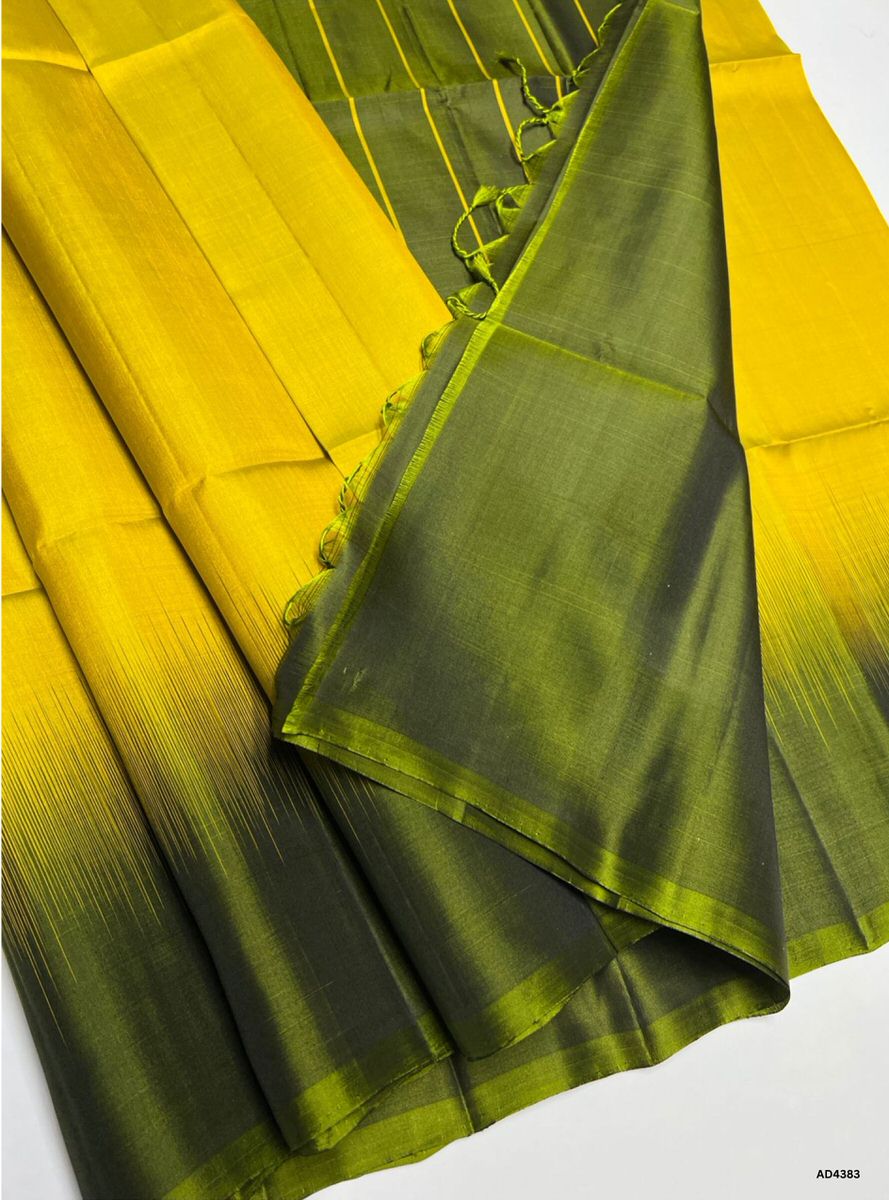 Yellow & Olive Green - Contrast Plain Soft Silk Saree