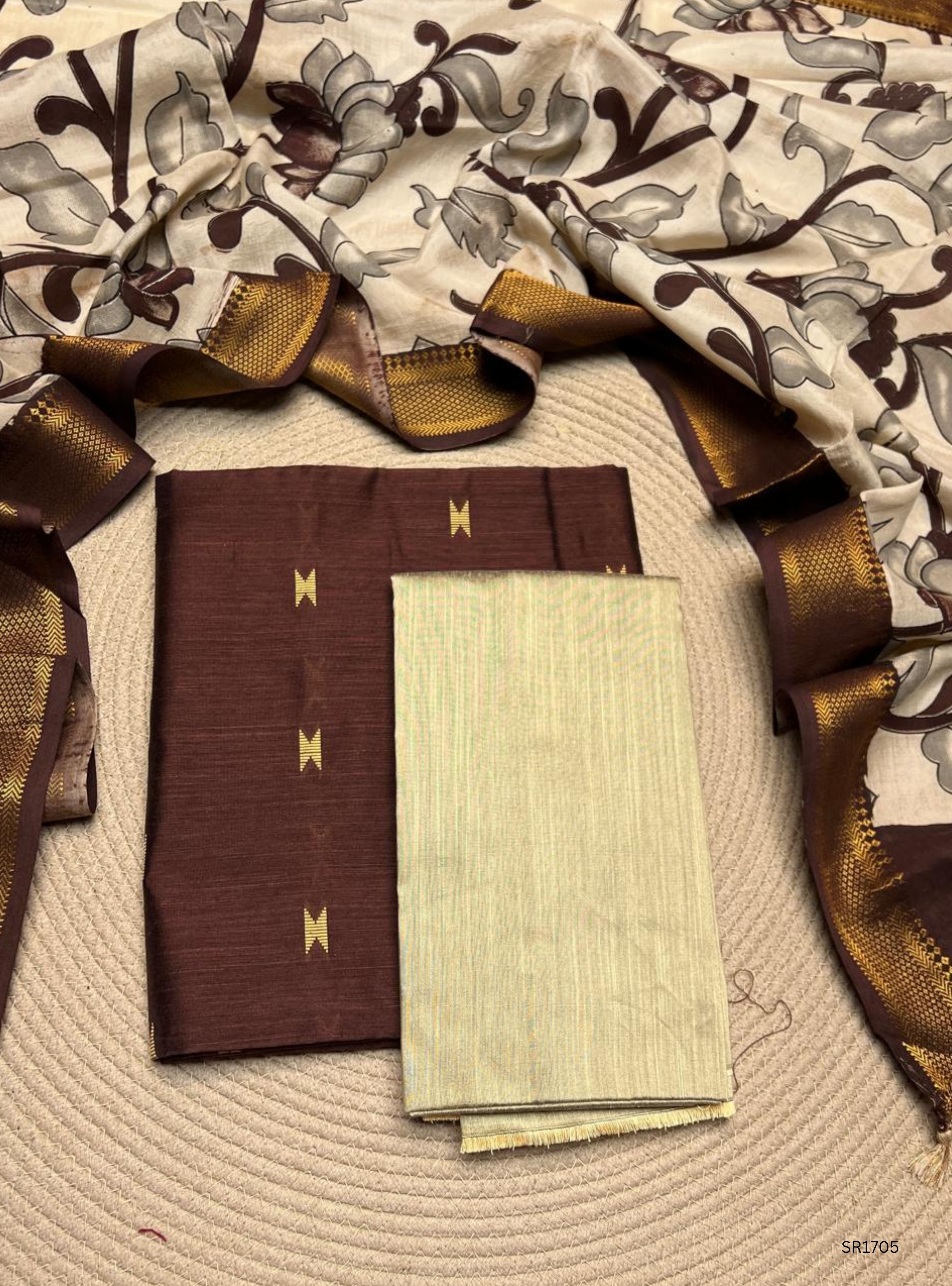 Coffee Brown - Raw Silk X Kalamkari Unstiched Suit 3 Pc Set