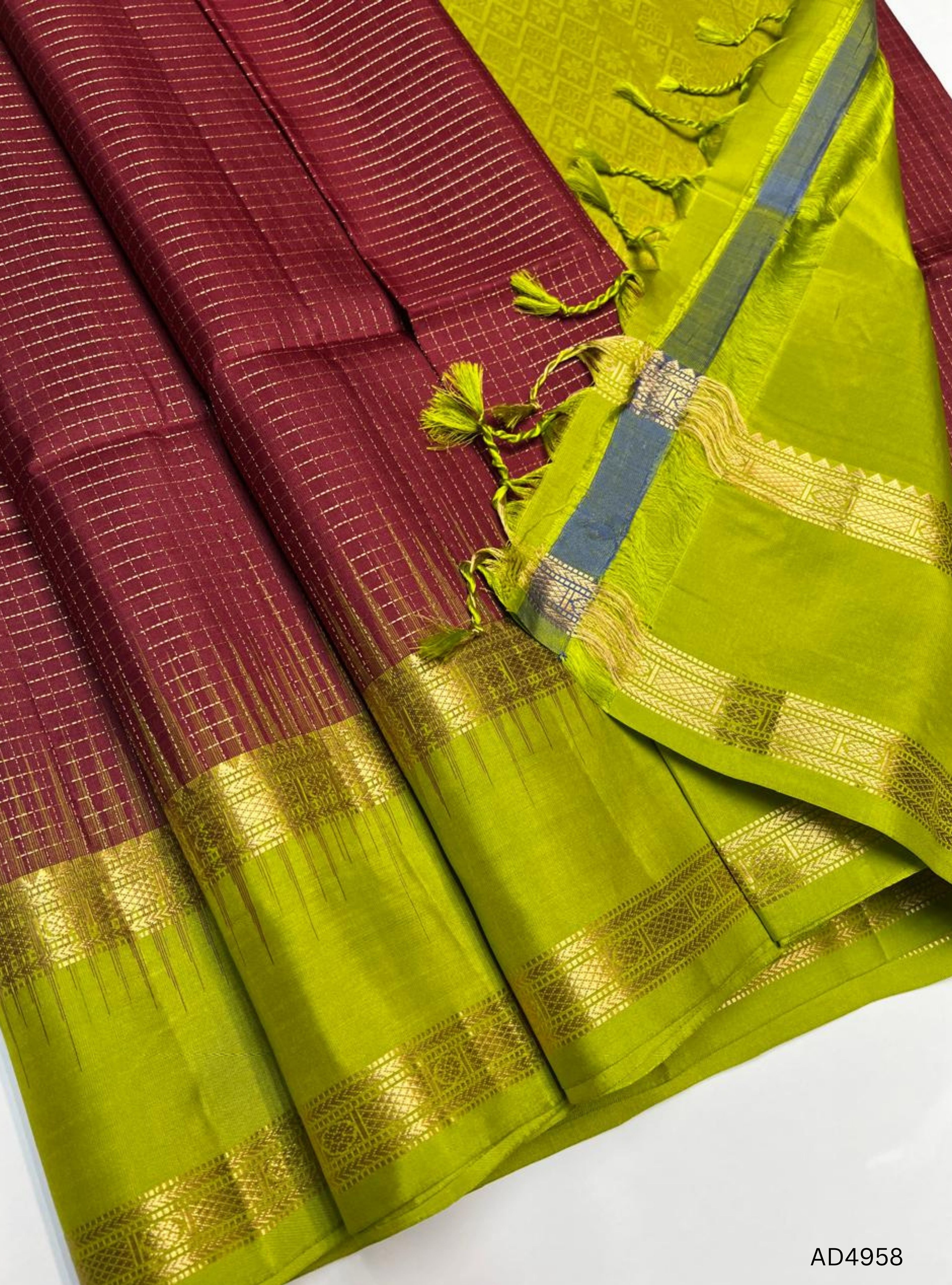 Brick Red & Green - Retta Pet Soft Silk Saree