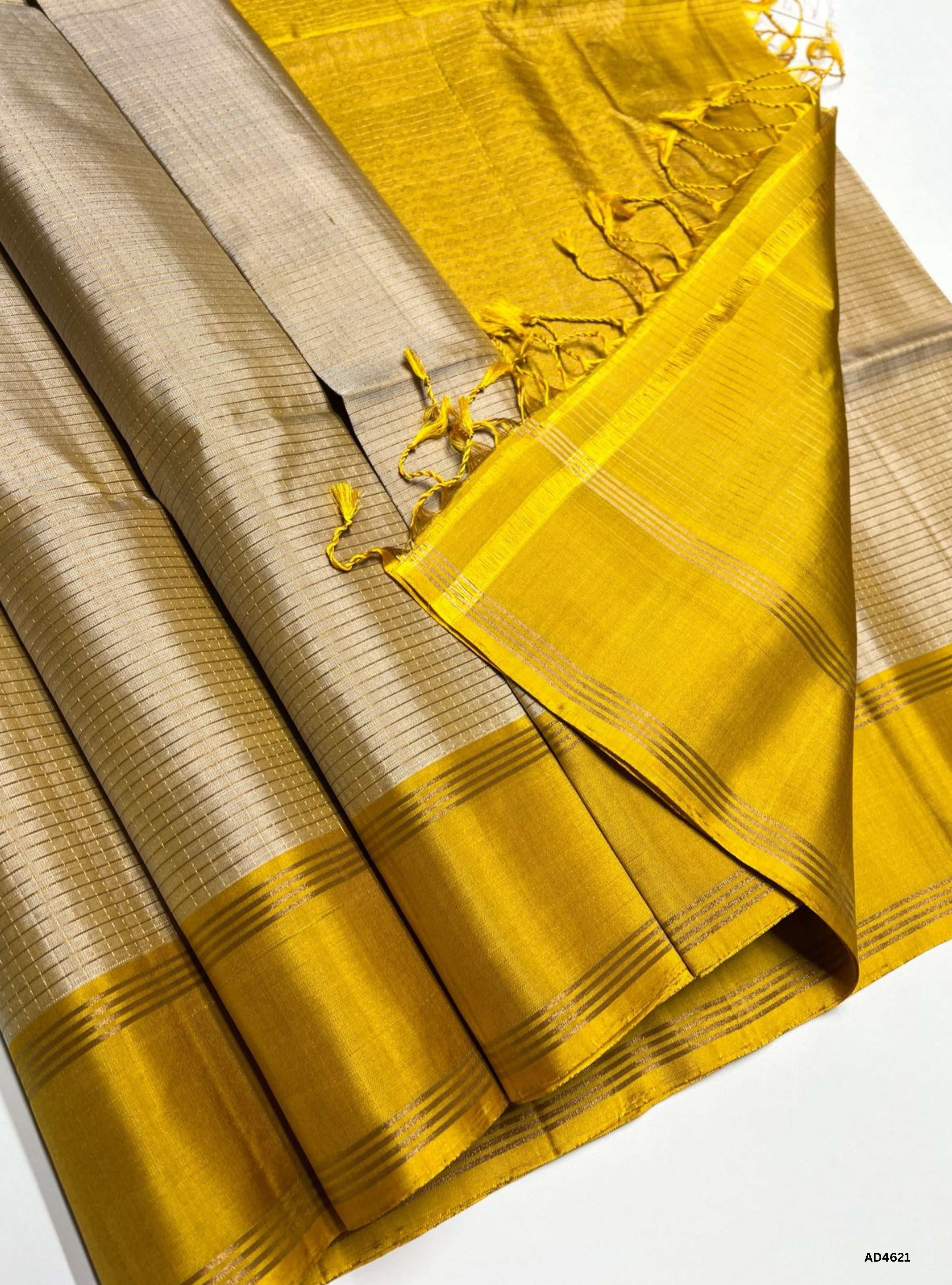 Ivory & Yellow - Checkerd Soft Silk Saree