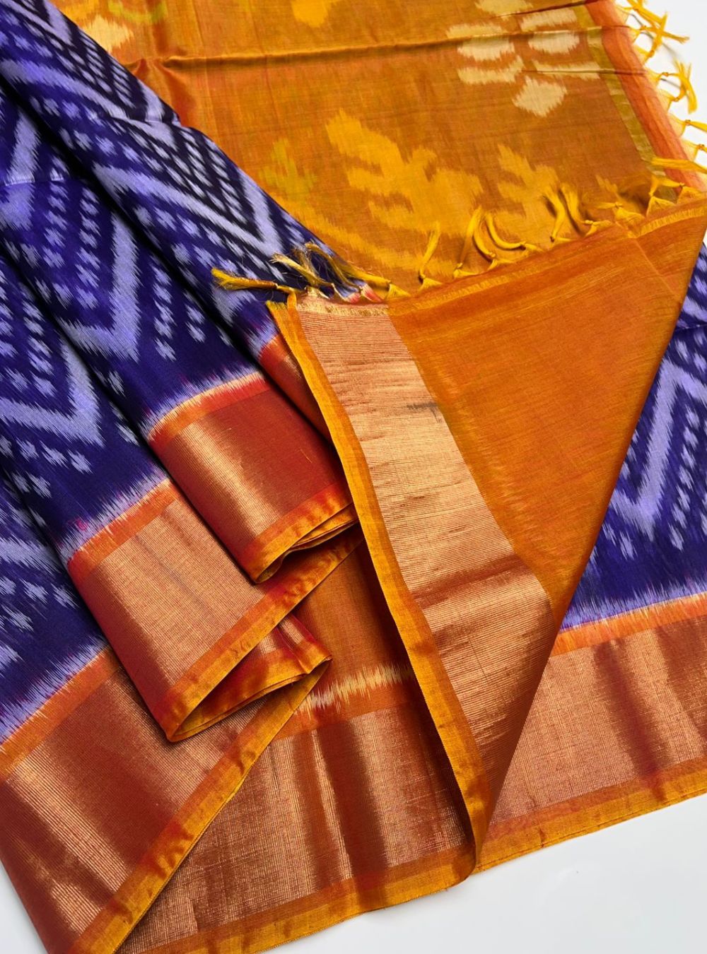 Royal Blue & Mustard Yellow - Kora Cotton Saree
