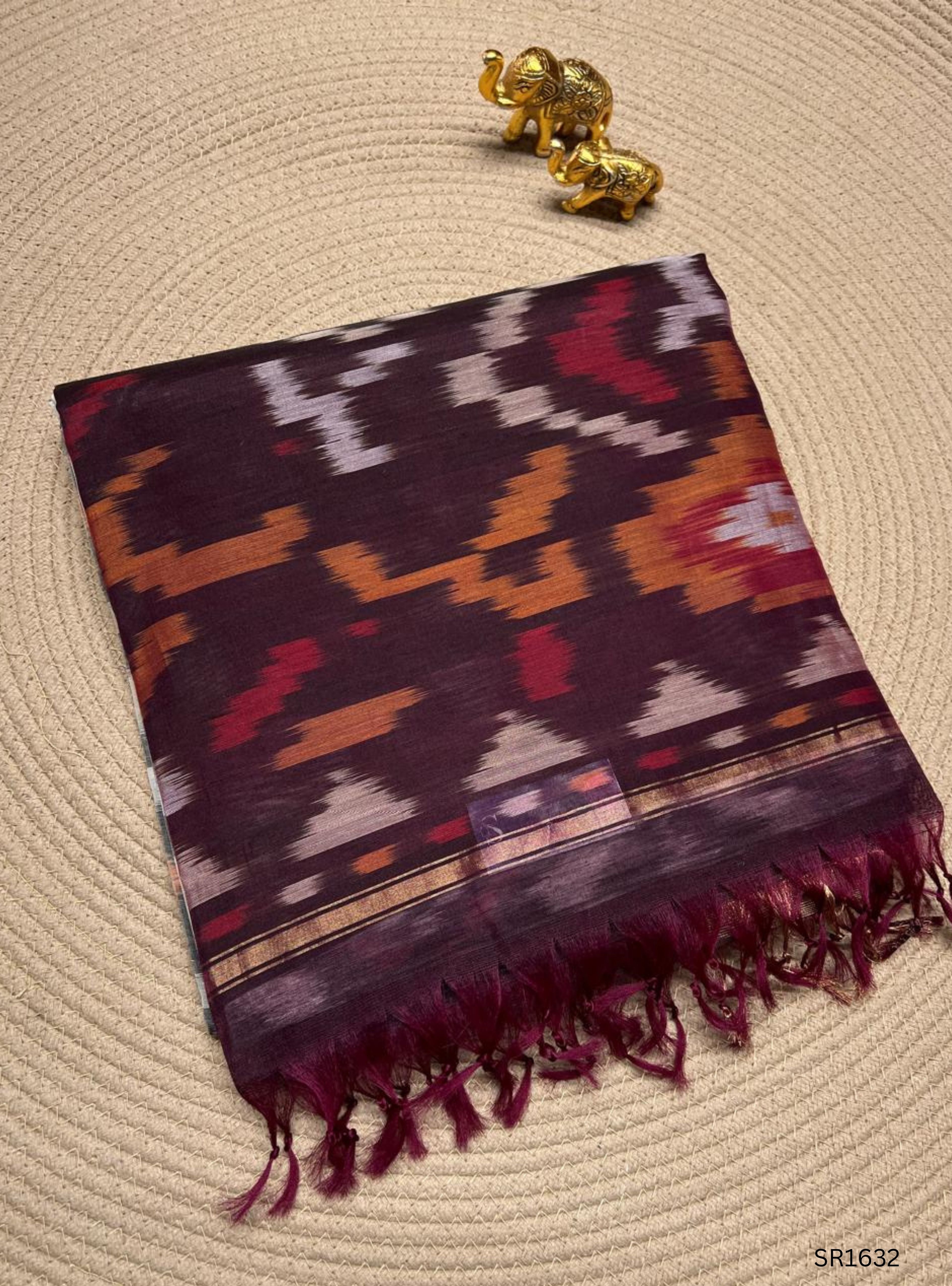 White , Black & Plum - Ikkat Kora Cotton Saree