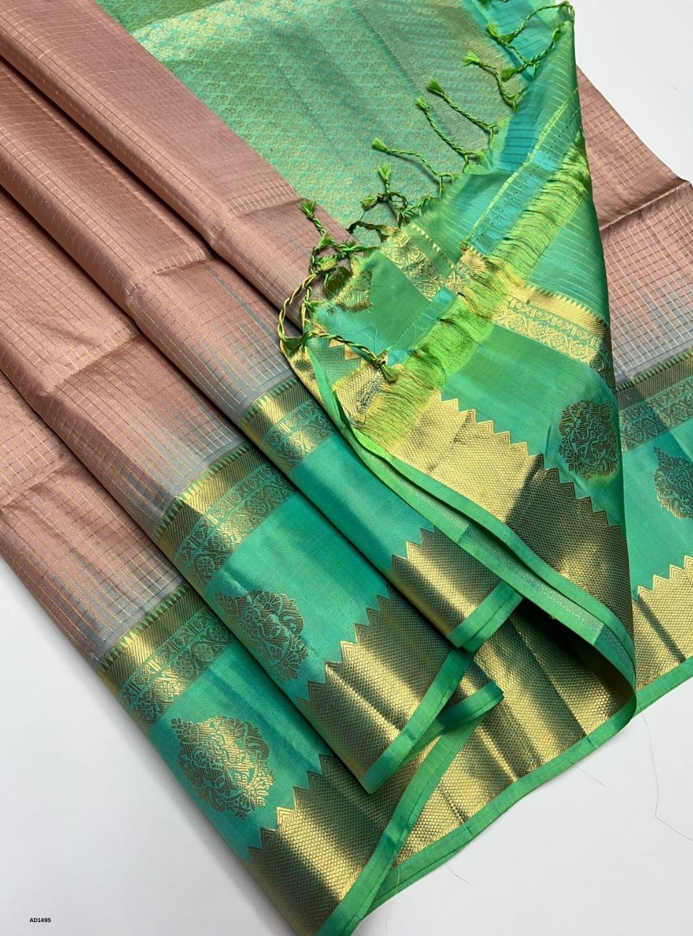 Cream & Sea Green -  Soft Silk Saree