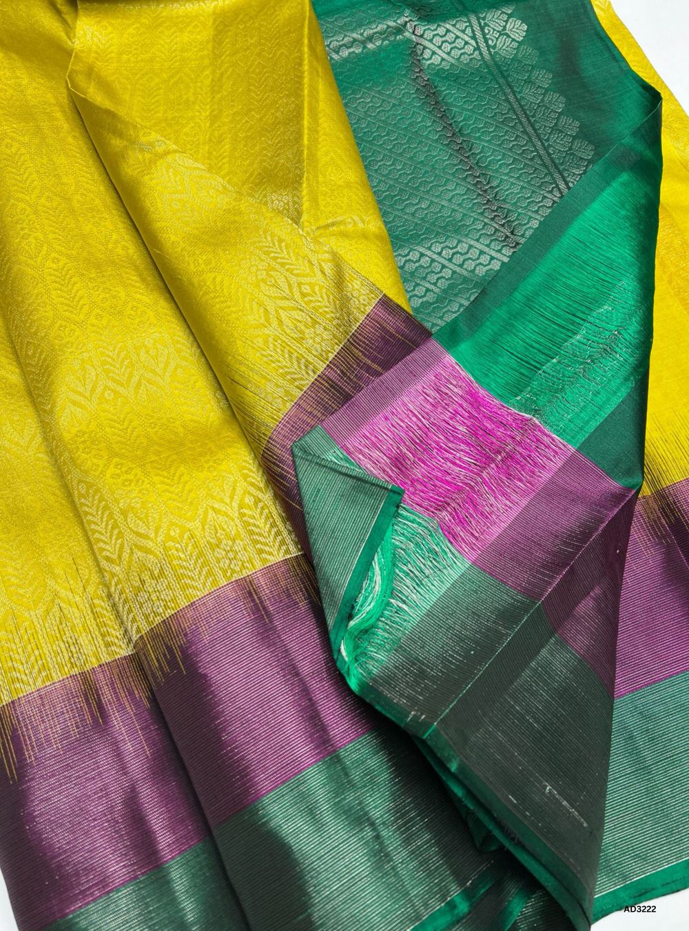 Lime Yellow , Plum & Green - Soft Silk Saree