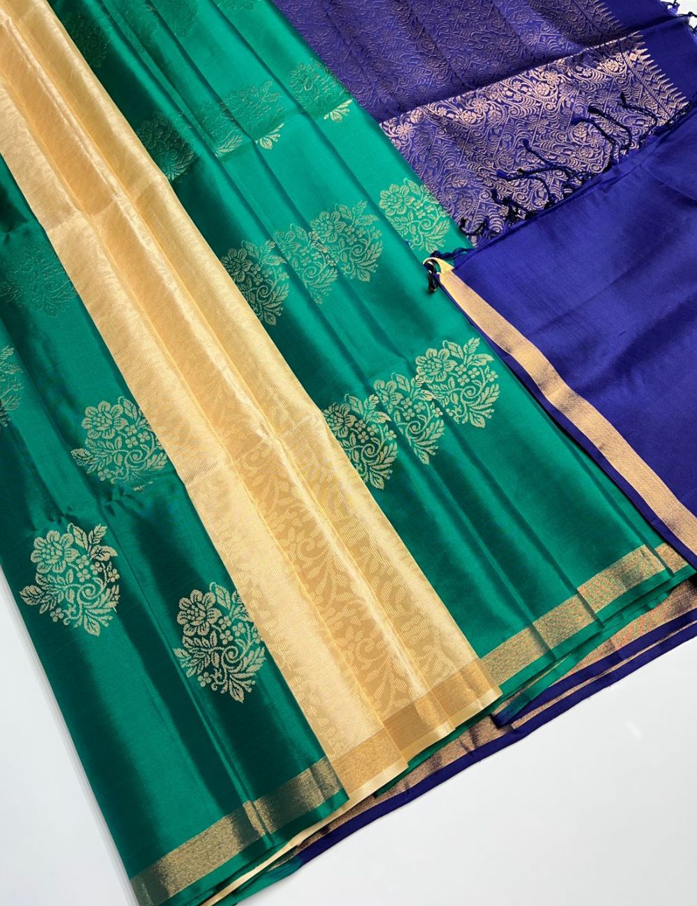 Green & Royal Blue  - Soft Silk Saree