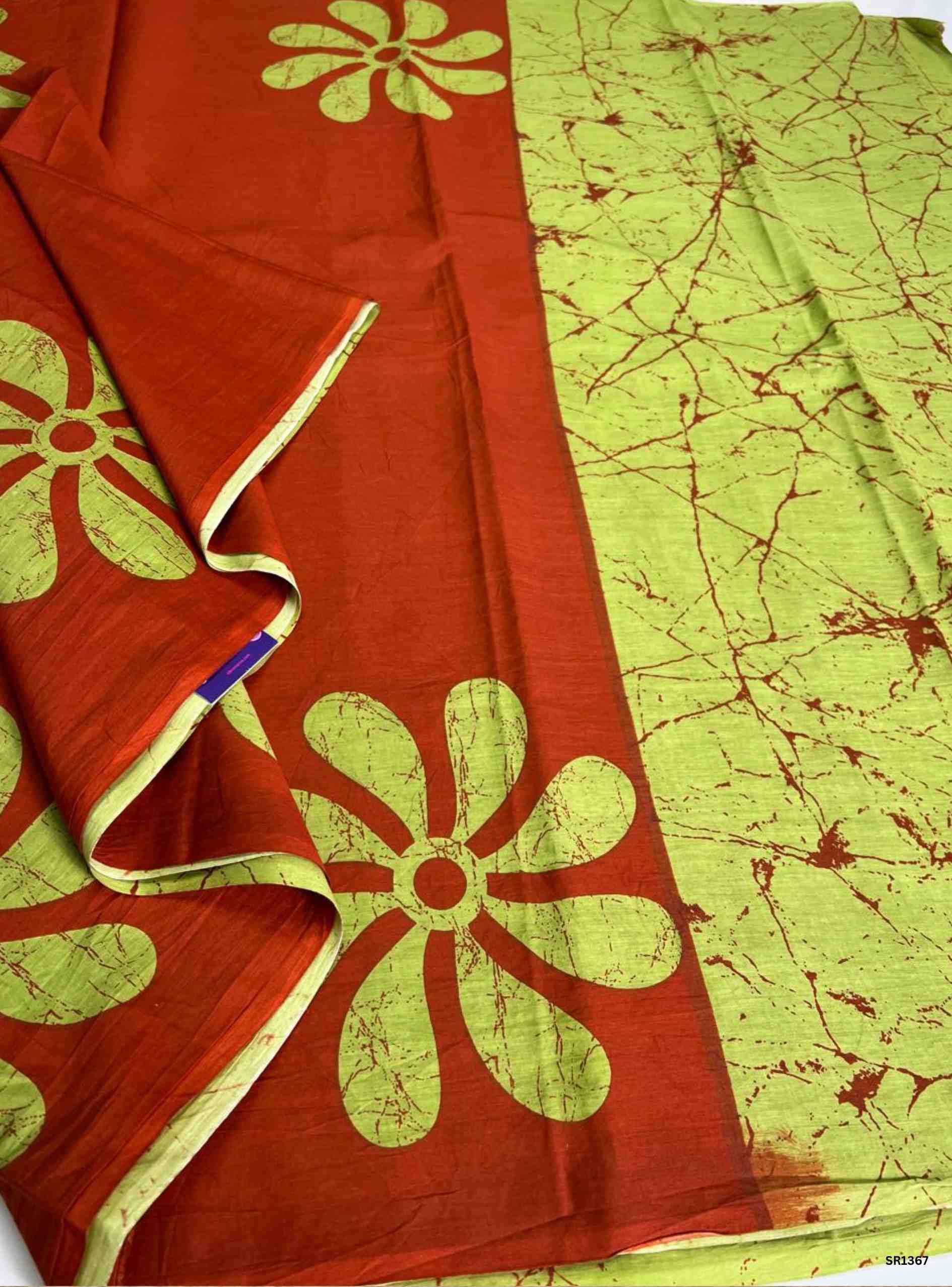 Rust Orange & Green - Half and Half Mulmul Cotton Sarees