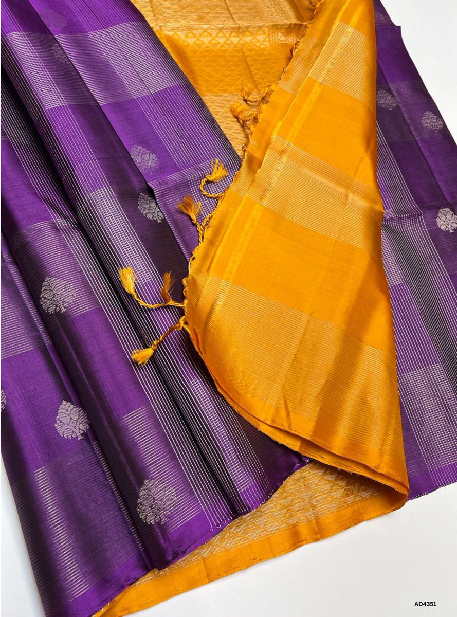 Purple & Mustard Yellow - Checkered Soft Silk Saree
