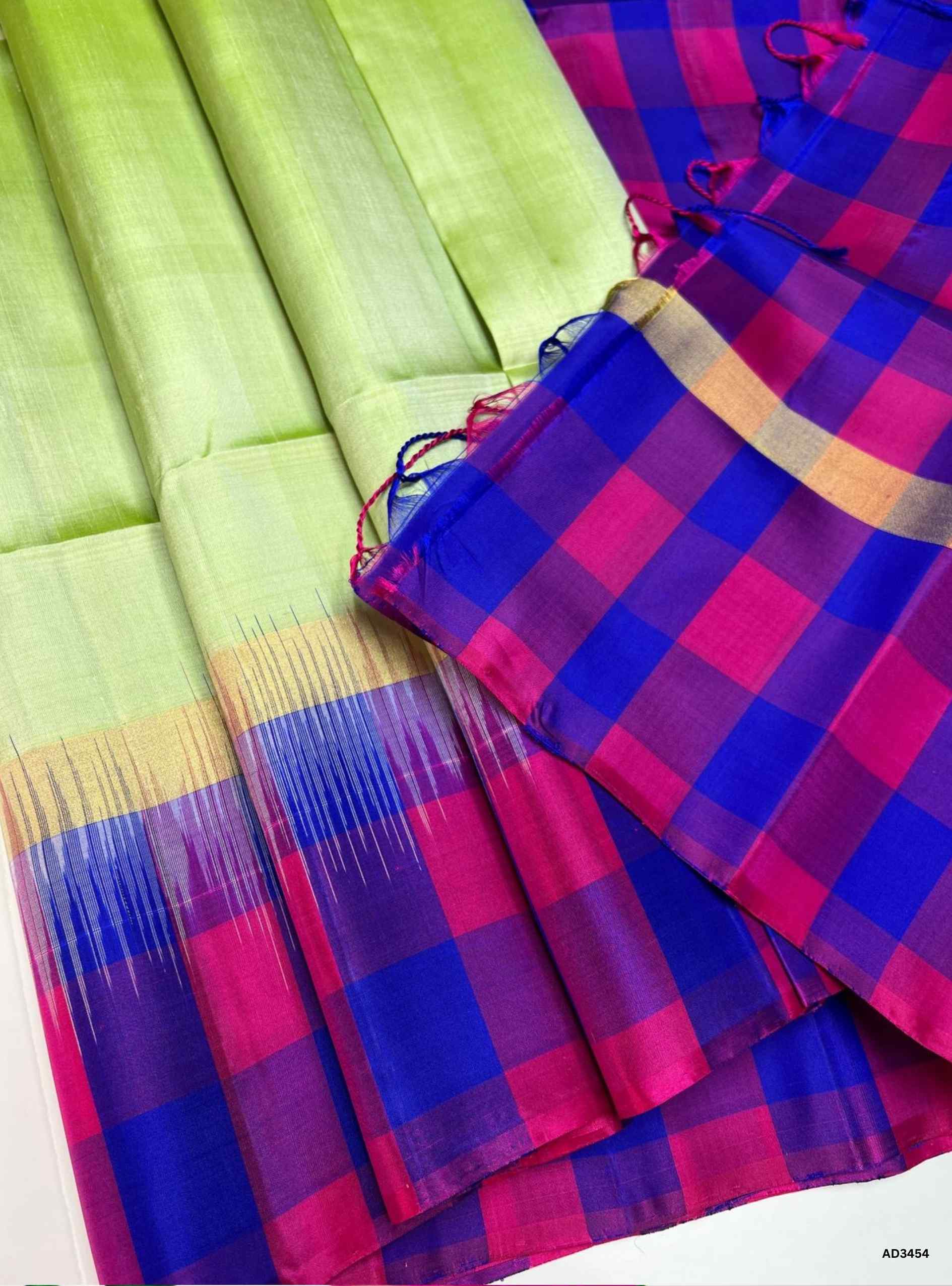 Pista Green , Blue & Pink - Soft Silk Saree