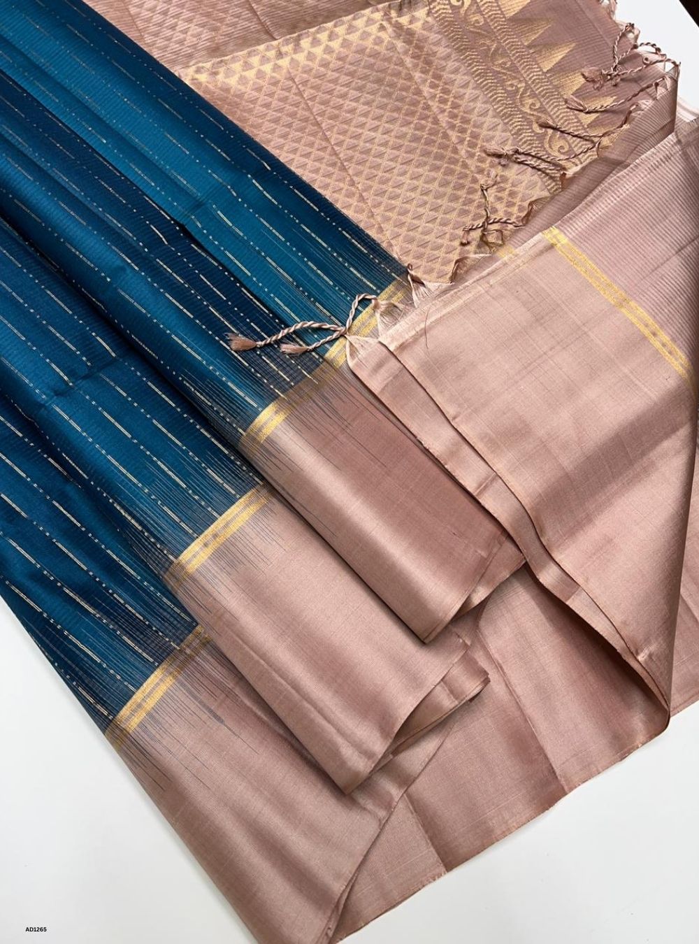 Peacock Blue & Dusty Rose -  Soft Silk Saree