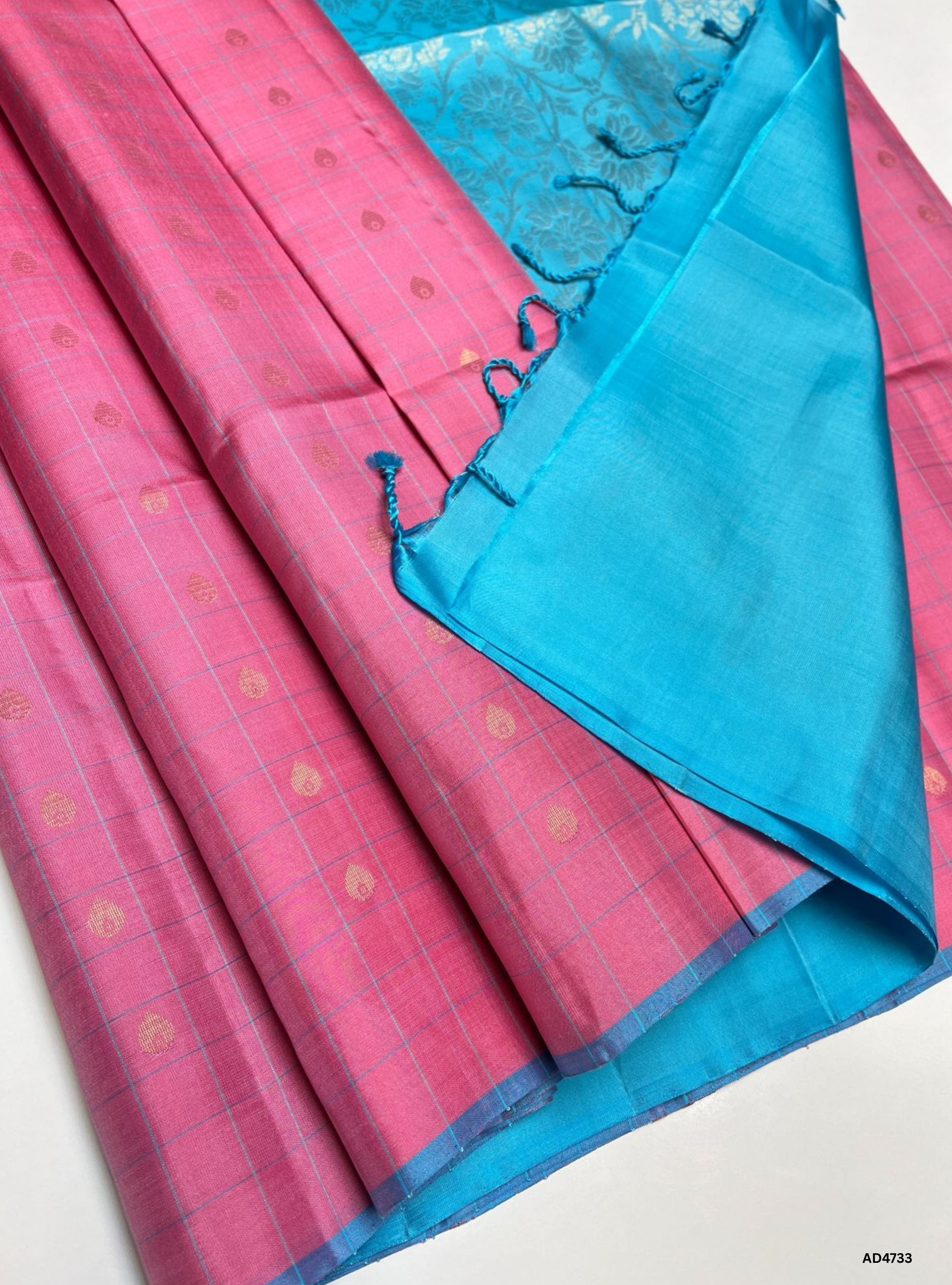 Pink & Sky Blue - Checkerd Soft Silk Saree