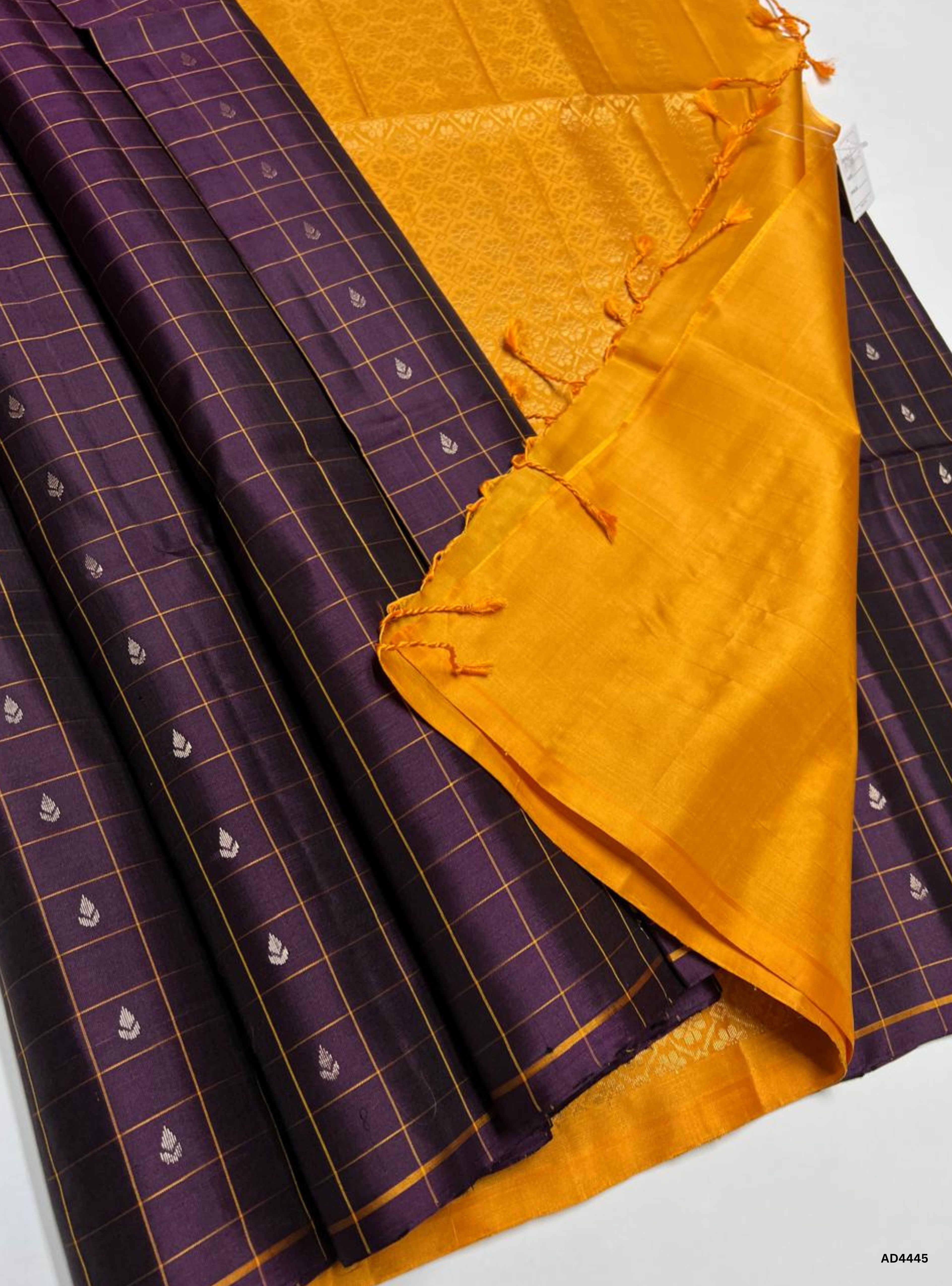 Plum & Mango Yellow - Checkerd Soft Silk Saree