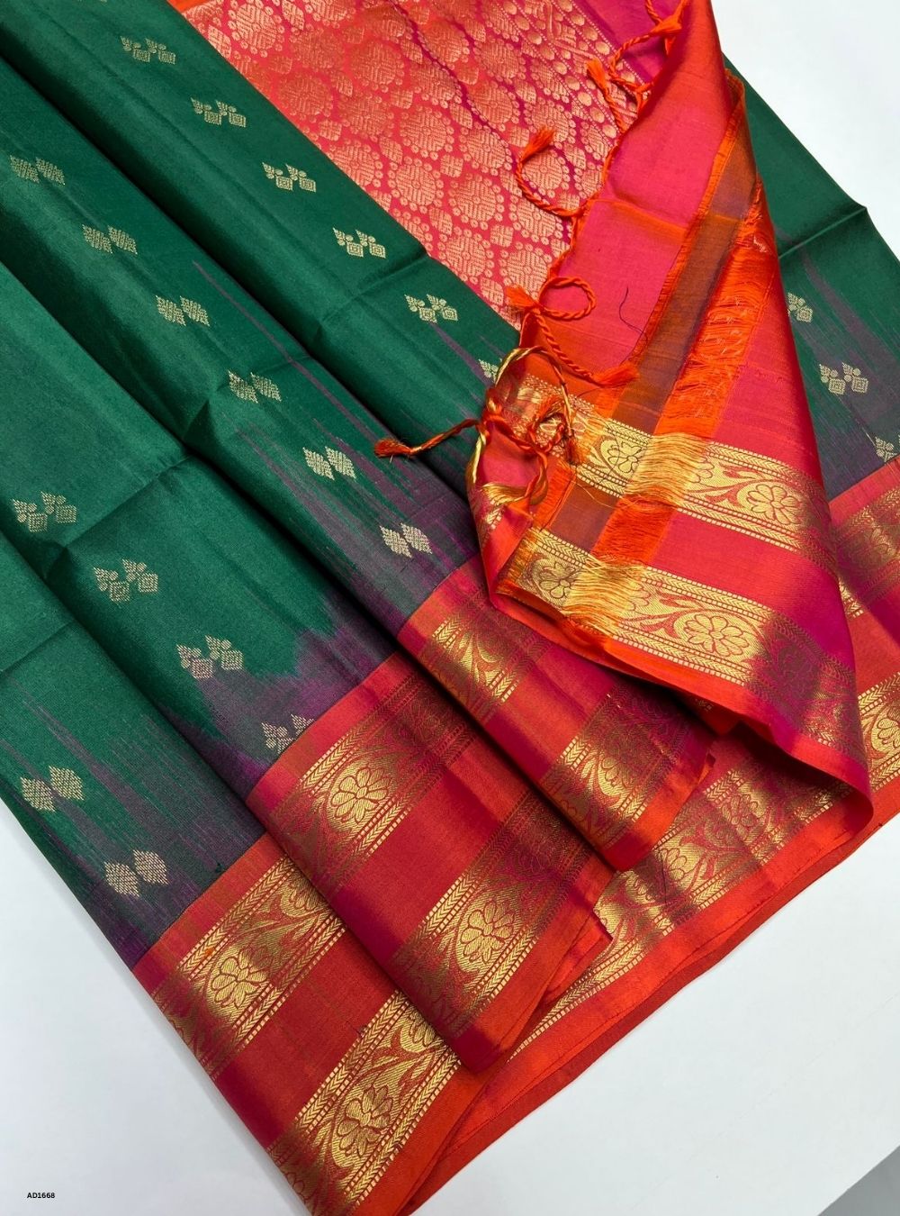 Bottle Green & Orangish Pink -  Soft Silk Saree