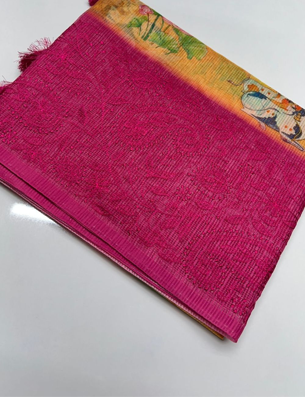 Golden Yellow &  Pink - Cotta Saree