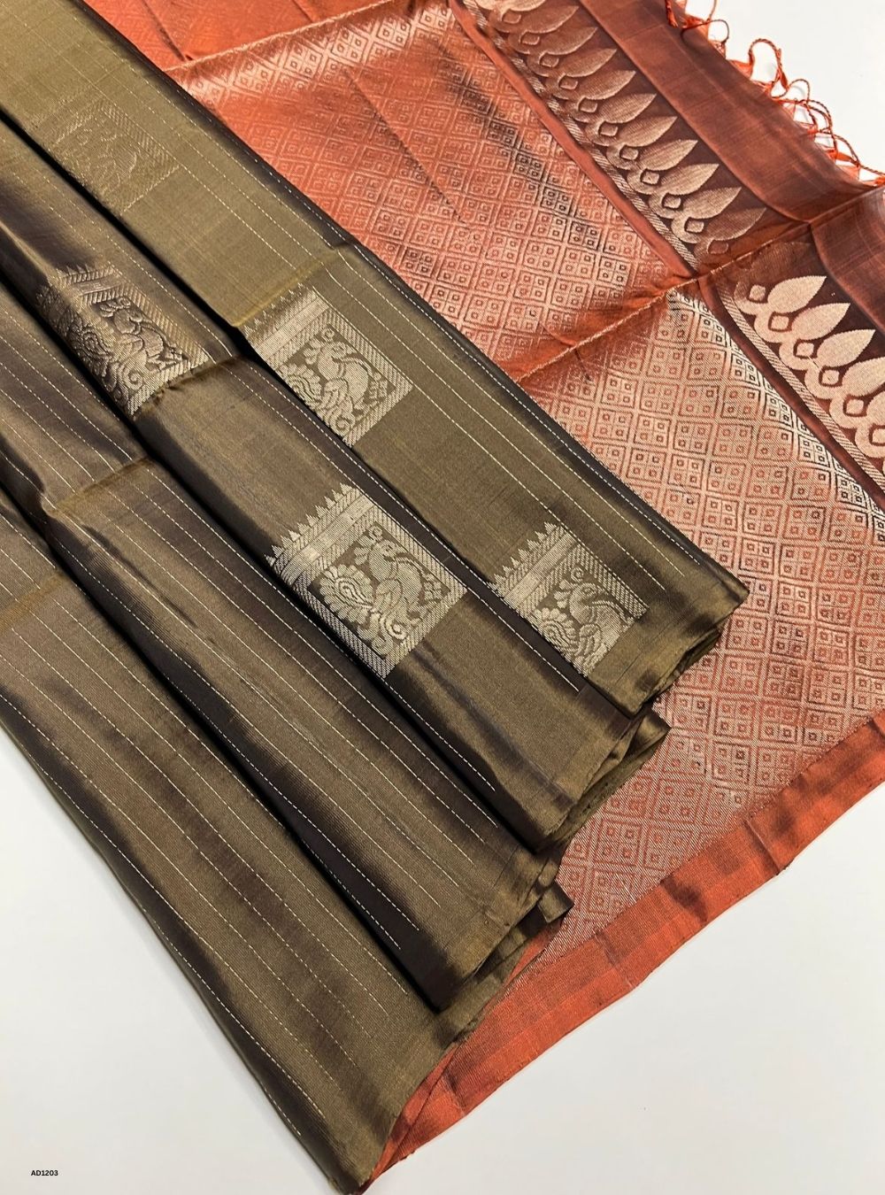 Olive Green & Burnt Orange - Soft Silk Saree