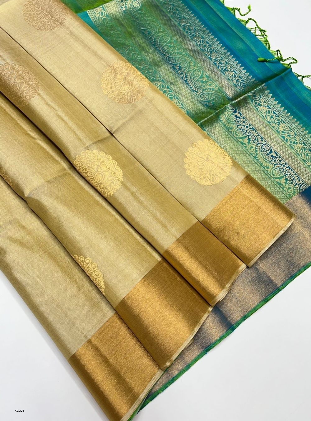 Beige & Dual Tone Green - Soft Silk Saree