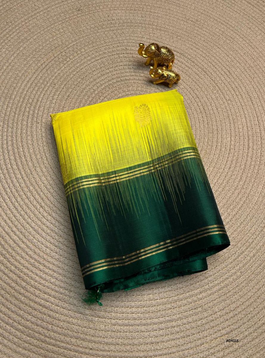 Yellow & Bottle Green - Fancy Border Soft Silk Saree