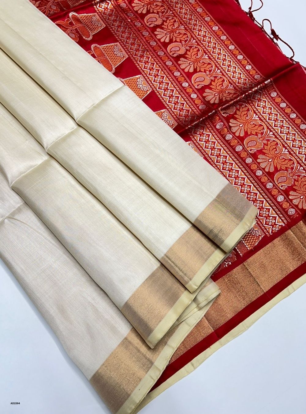 Sandal & Red -  Soft Silk Saree