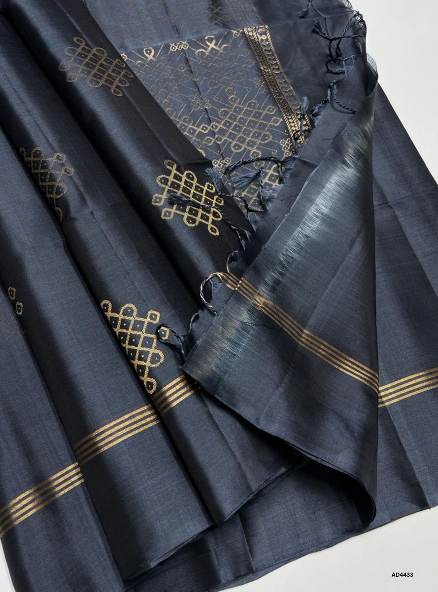 Dusty Blue Grey - Kolam Soft Silk Saree