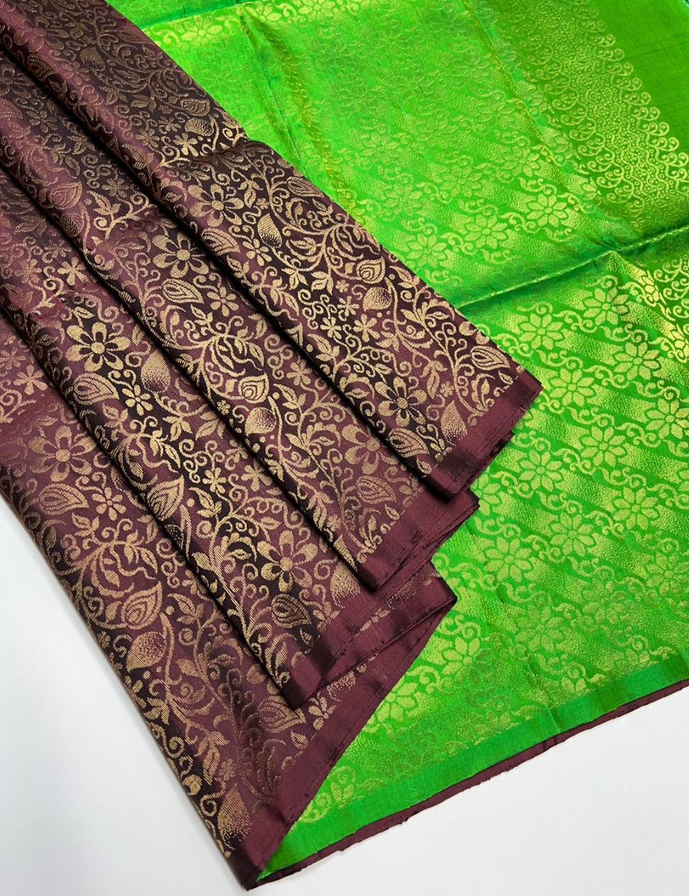 Coffee Brown & Green - Soft Silk Saree