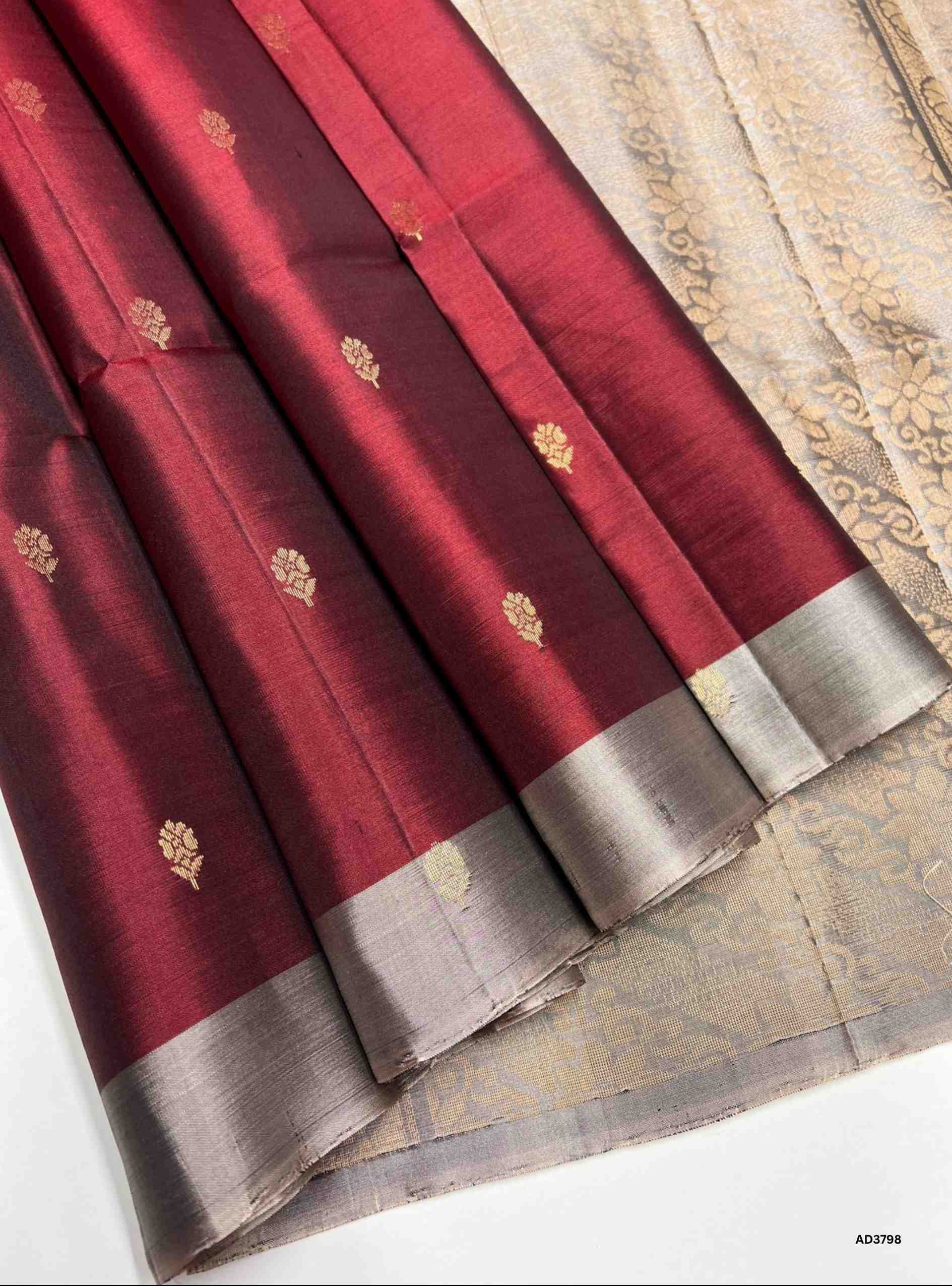 Marron & Grey - Soft Silk Saree