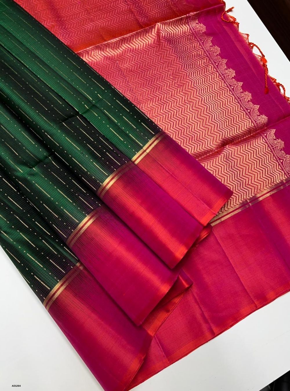 Bottle Green & Orangish Pink -  Soft Silk Saree