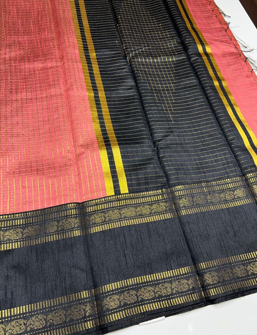 Rose Pink & Black -  Raw Silk